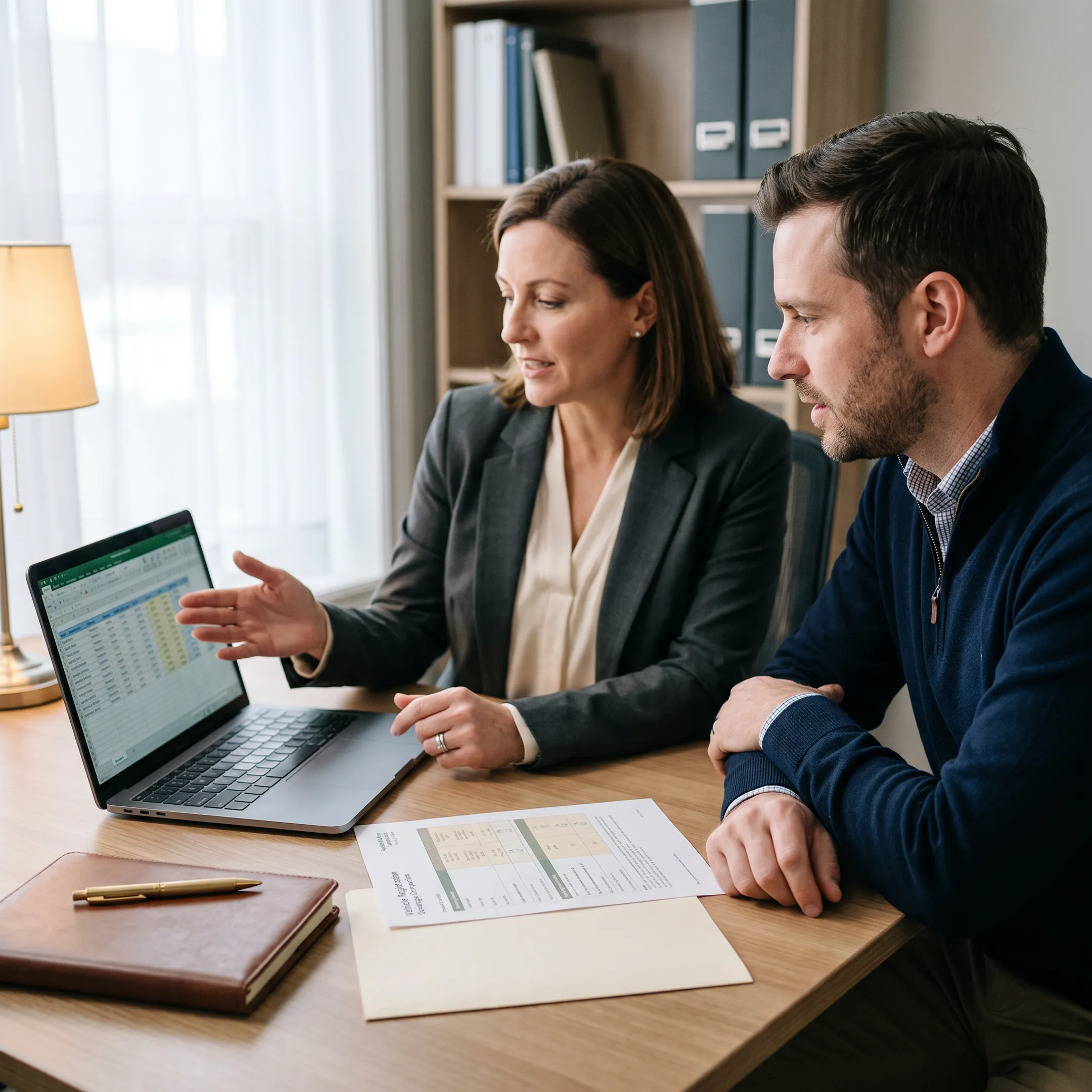 Client comparing auto liability insurance quotes online with an insurance advisor