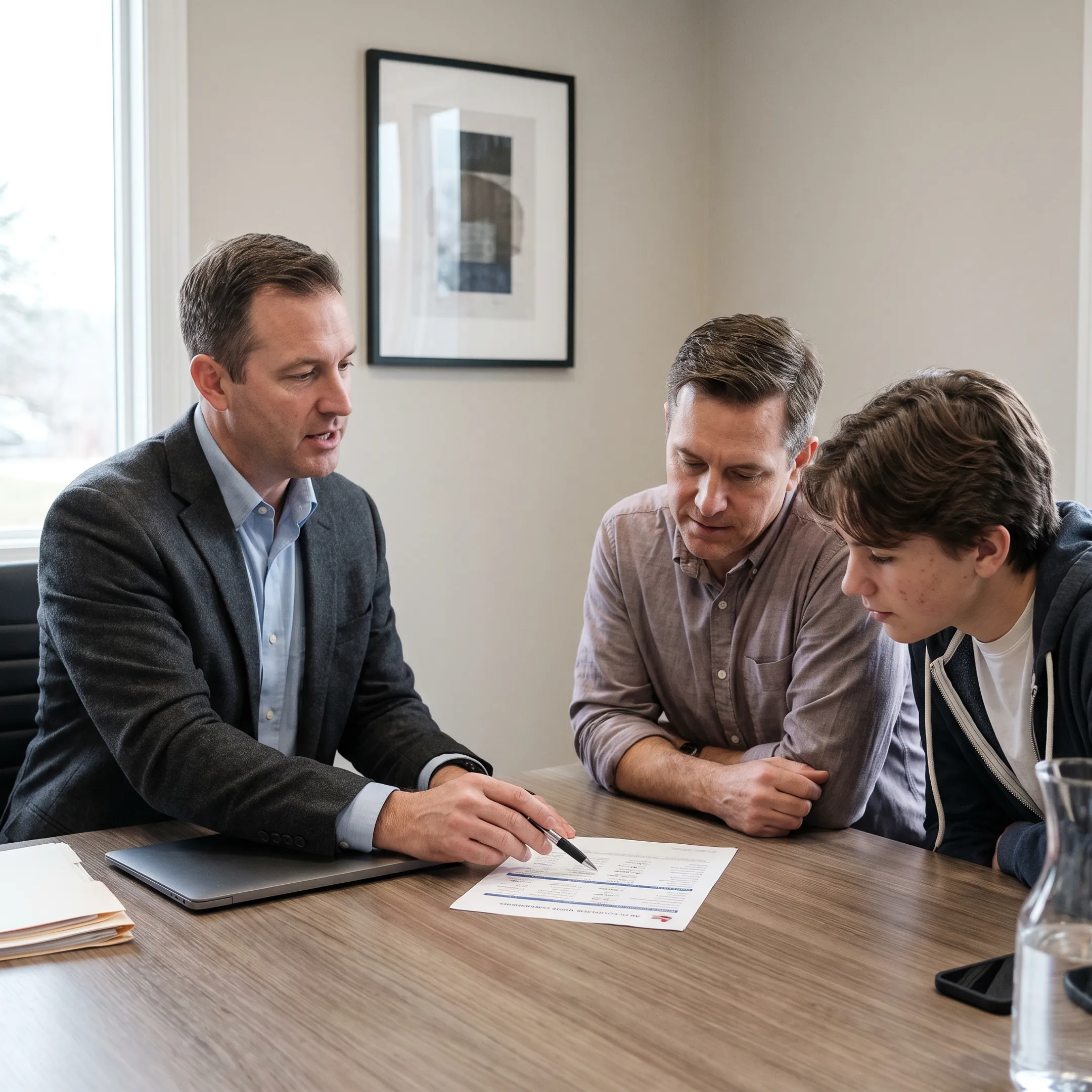 Insurance professional explaining auto coverage to a parent and young driver