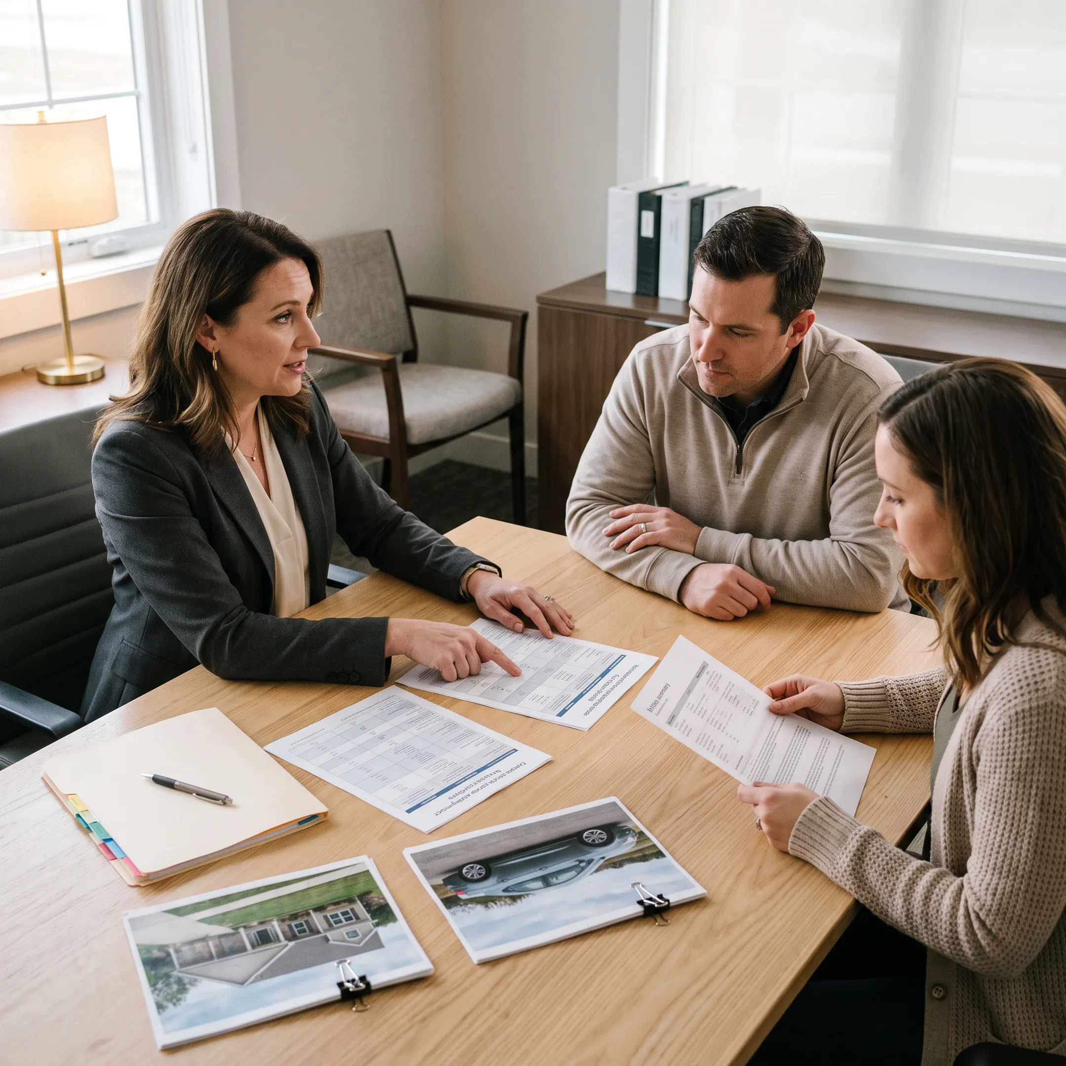 Advisor comparing home and auto insurance options with clients