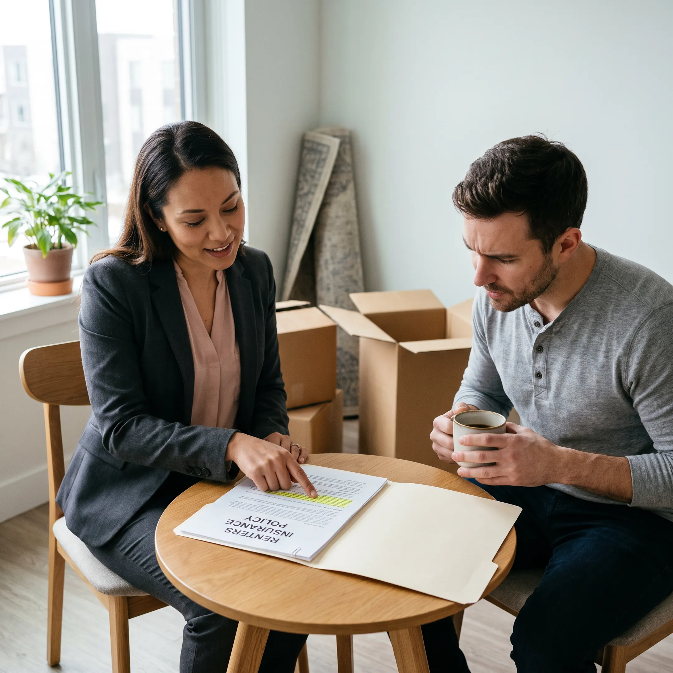 Agent explaining renters insurance coverage to a New York tenant