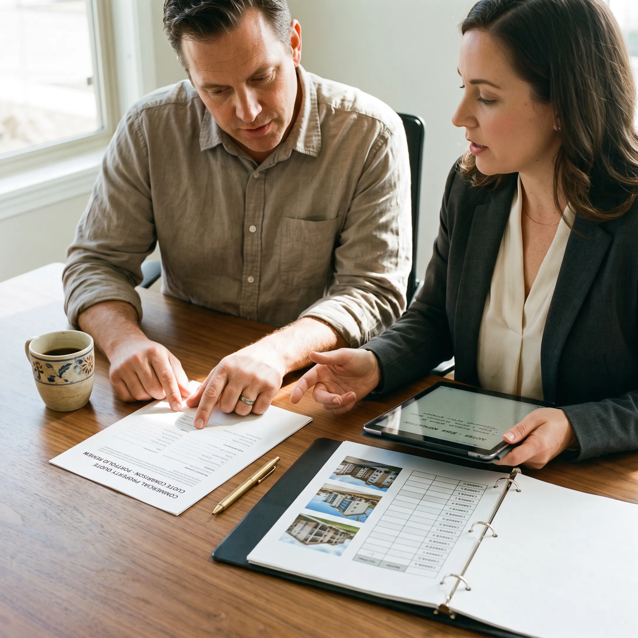 Landlord reviewing rental property insurance quote with an insurance advisor
