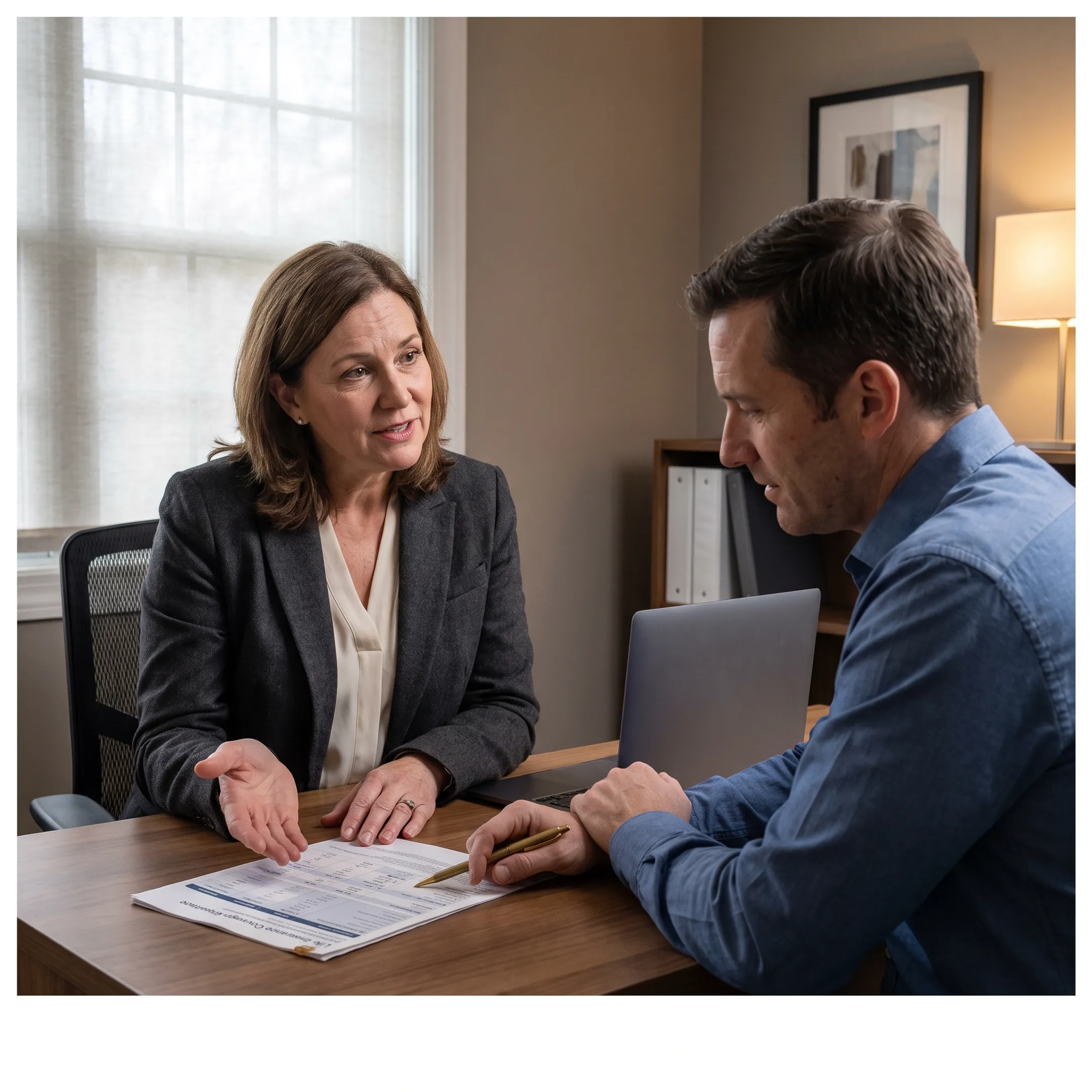 Insurance advisor explaining life insurance coverage options to a client