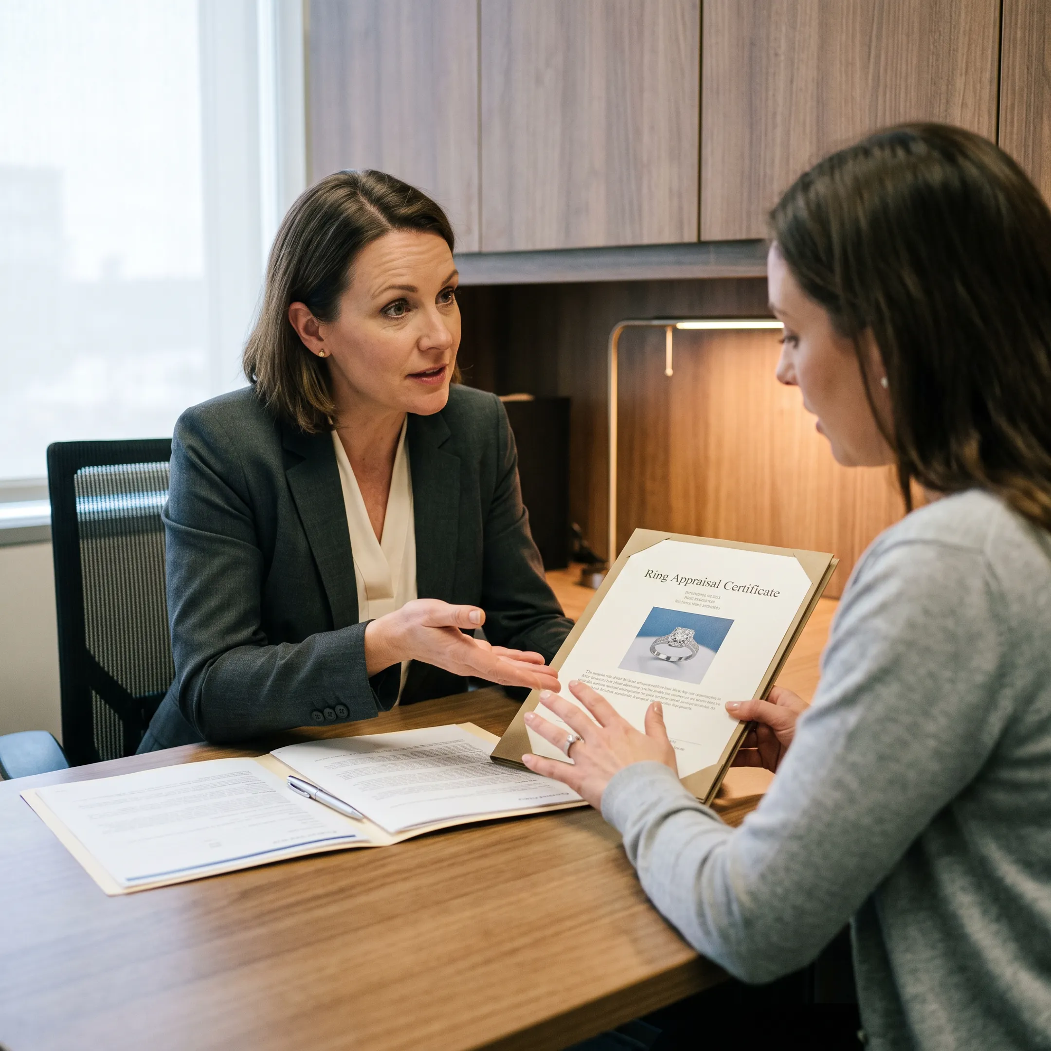 Insurance professional discussing engagement ring coverage with a client