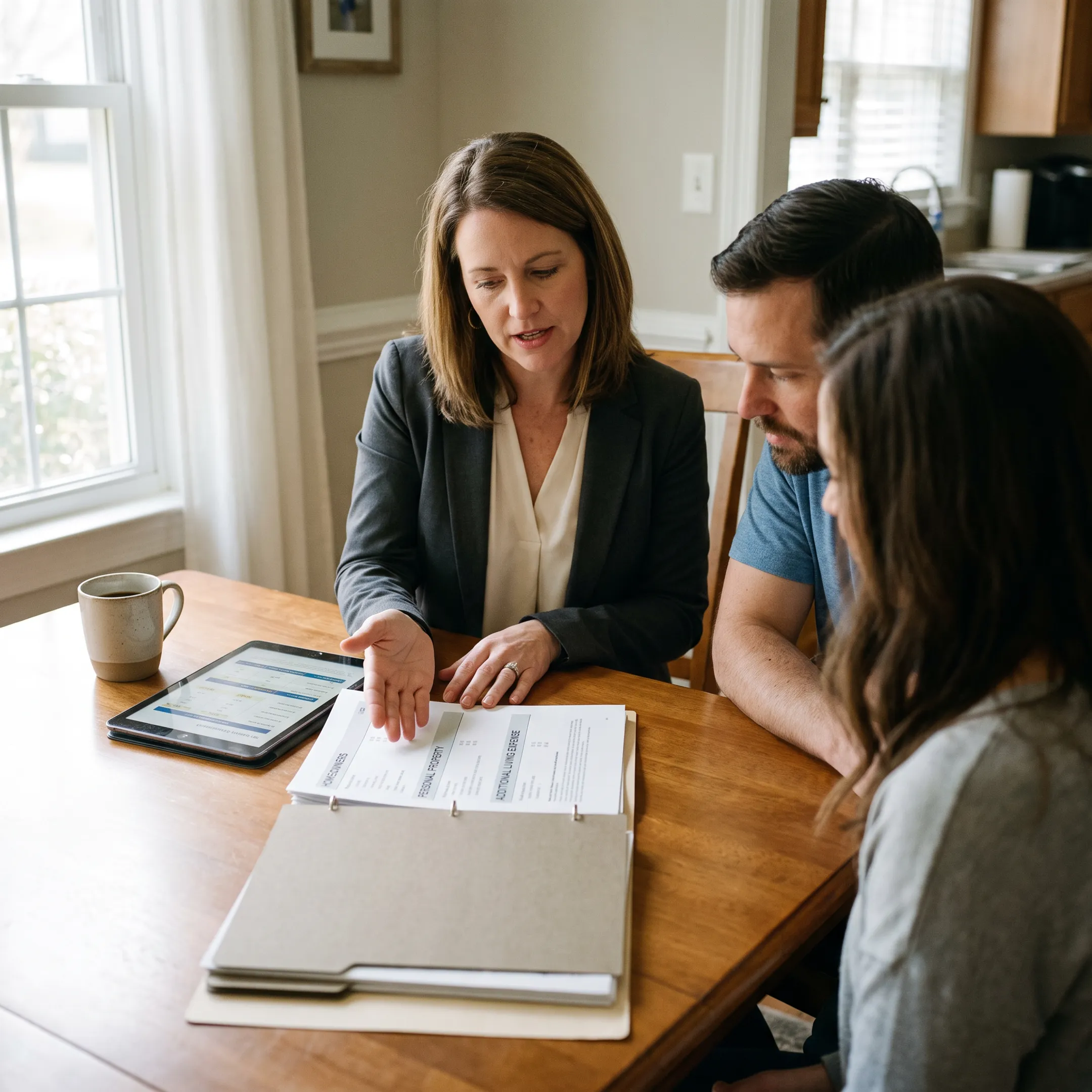 Advisor explaining homeowners insurance coverage to a North Carolina family