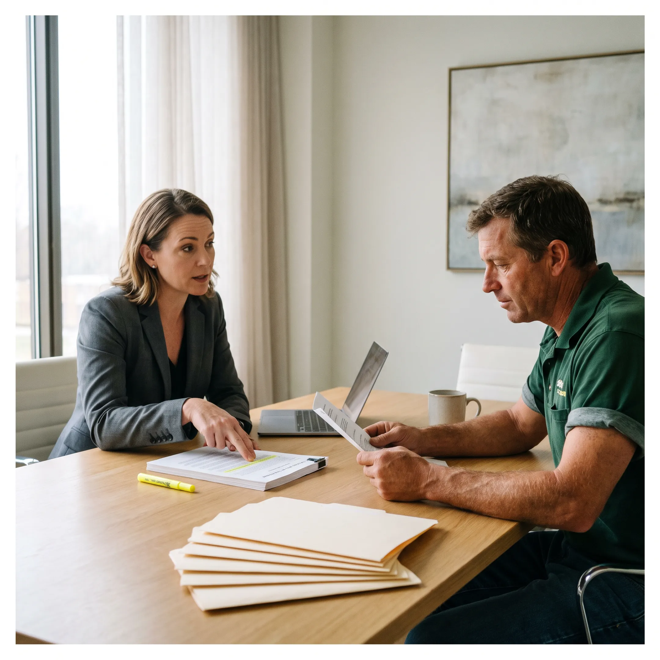 Insurance advisor discussing landscaping business coverage with contractor