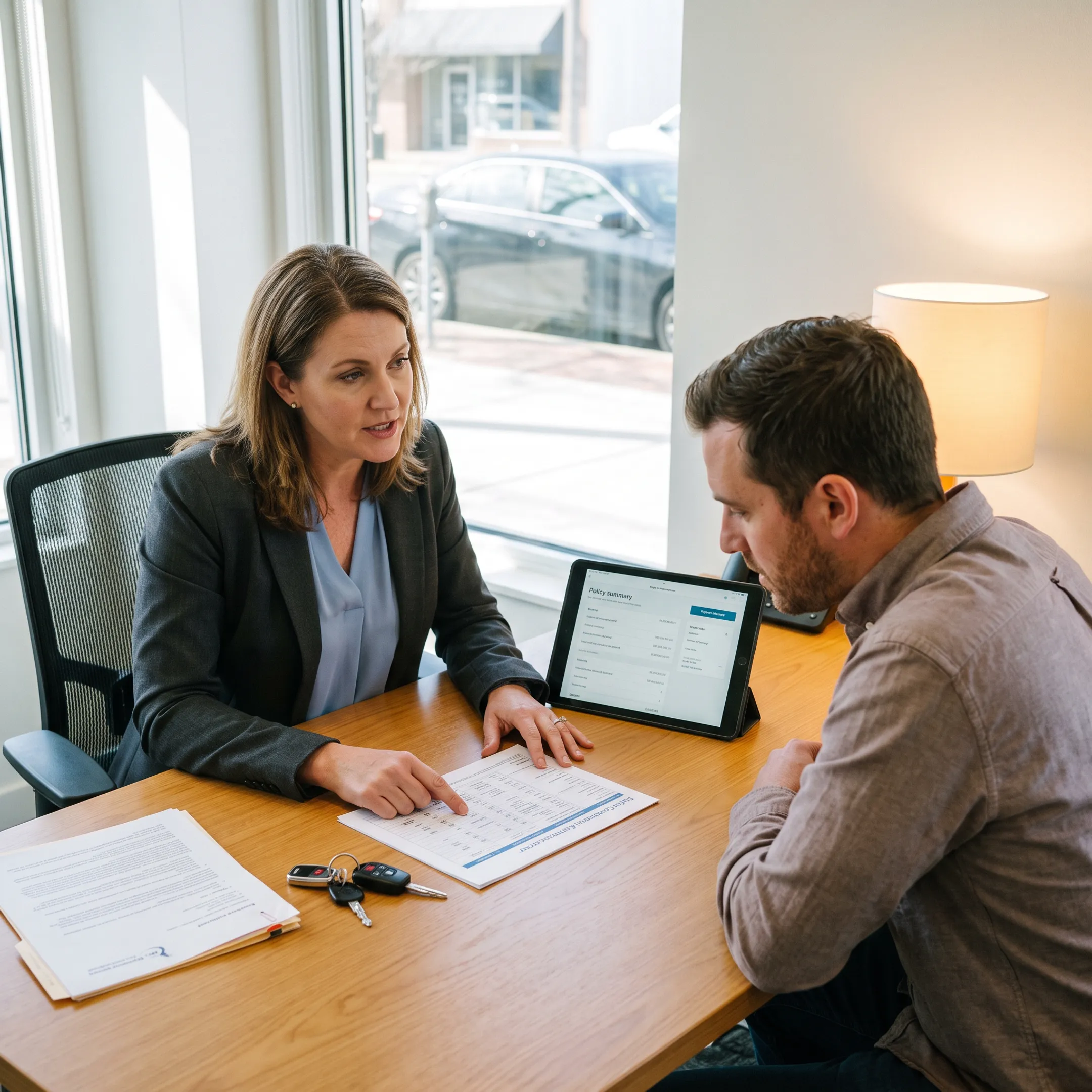 Advisor explaining personalized auto insurance coverage to a client