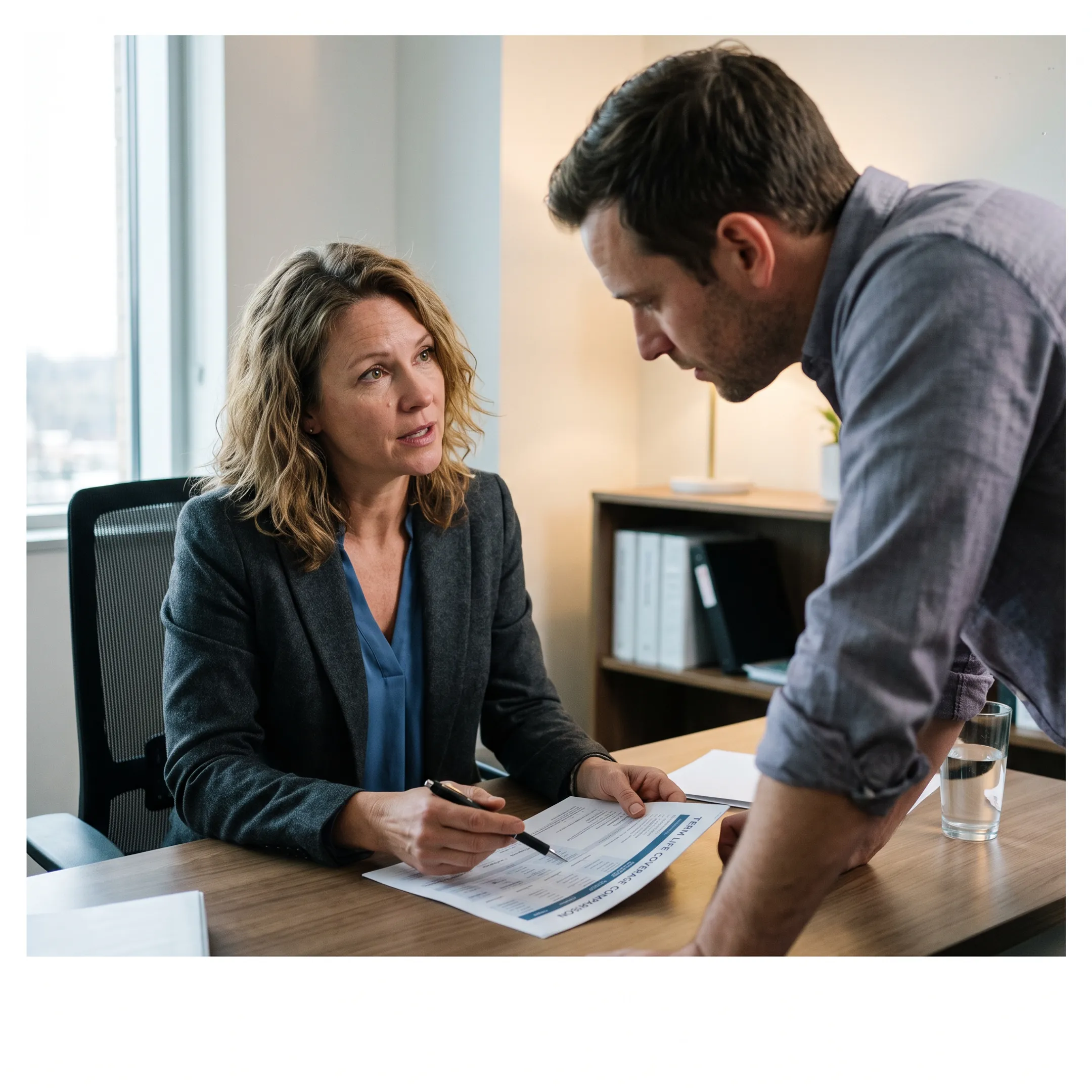 Advisor explaining term life insurance coverage choices to a client