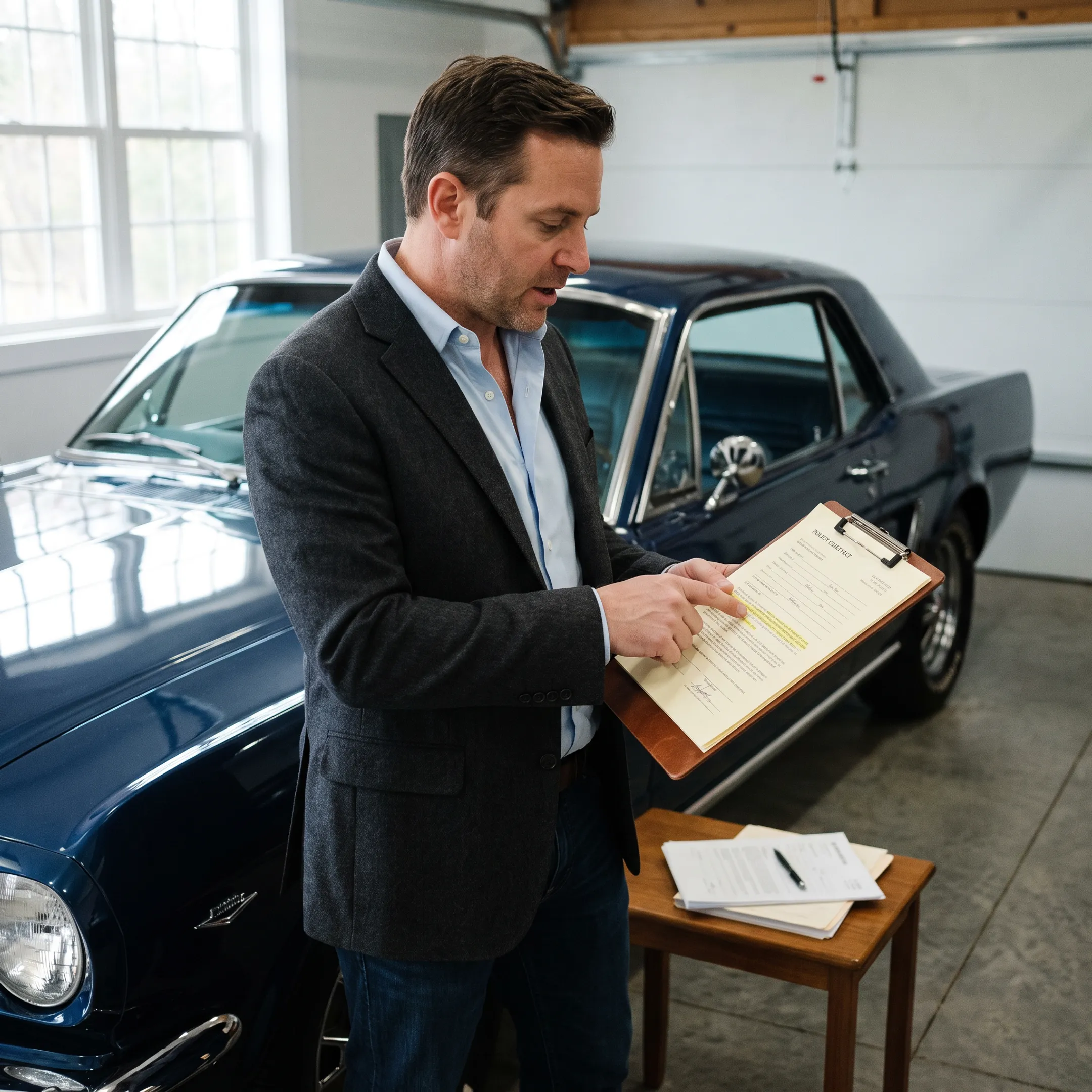 Insurance professional reviewing classic car policy documents beside a restored vehicle