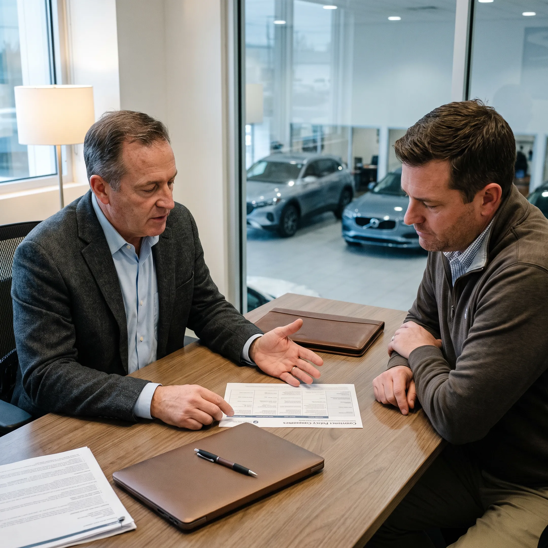 Auto dealership owner discussing insurance options with a professional advisor