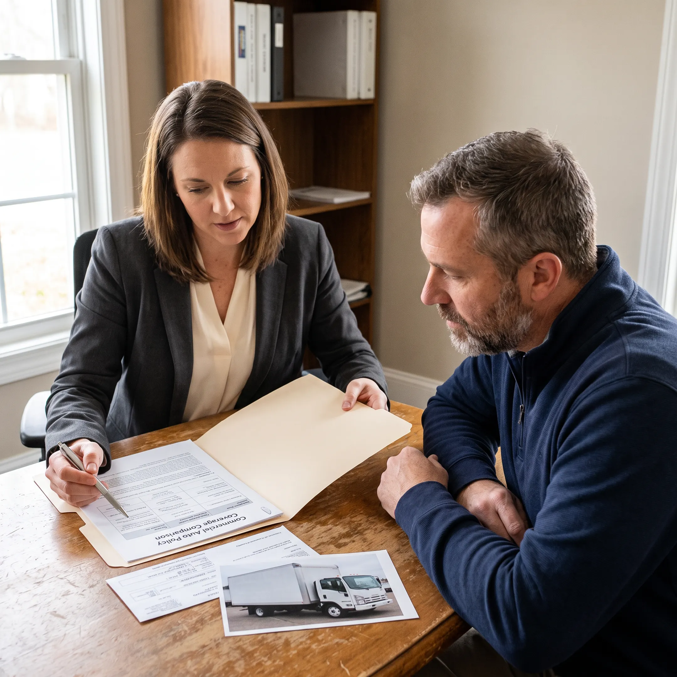 Insurance professional discussing commercial box truck coverage with a business owner