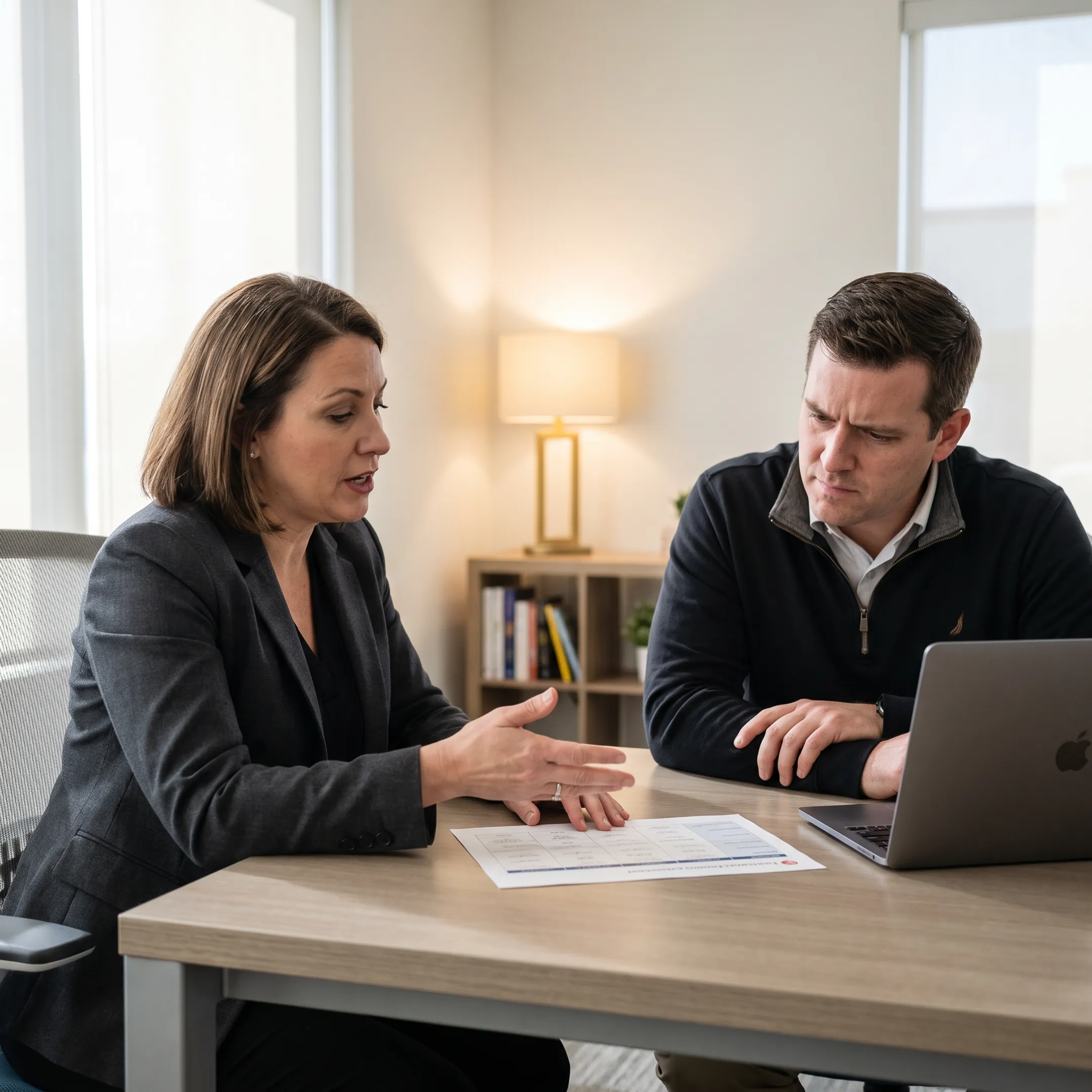 Insurance advisor explaining commercial coverage to a sole proprietor