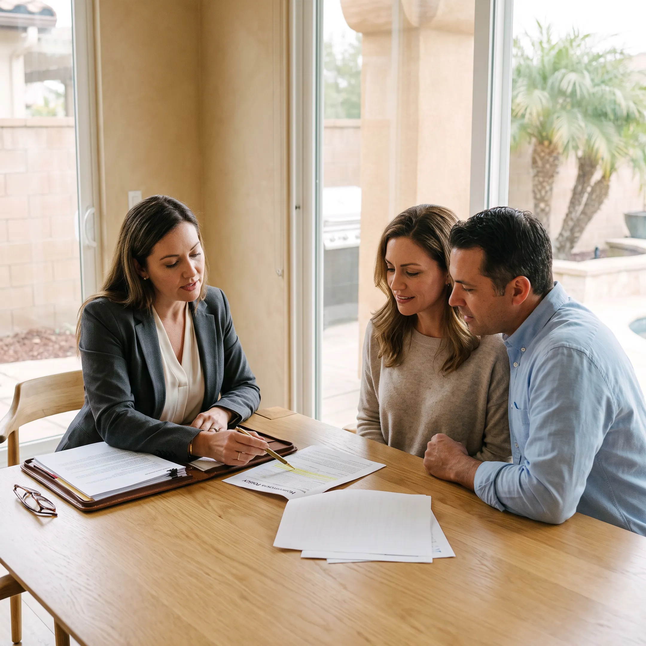 Advisor explaining California homeowners insurance coverage to a couple
