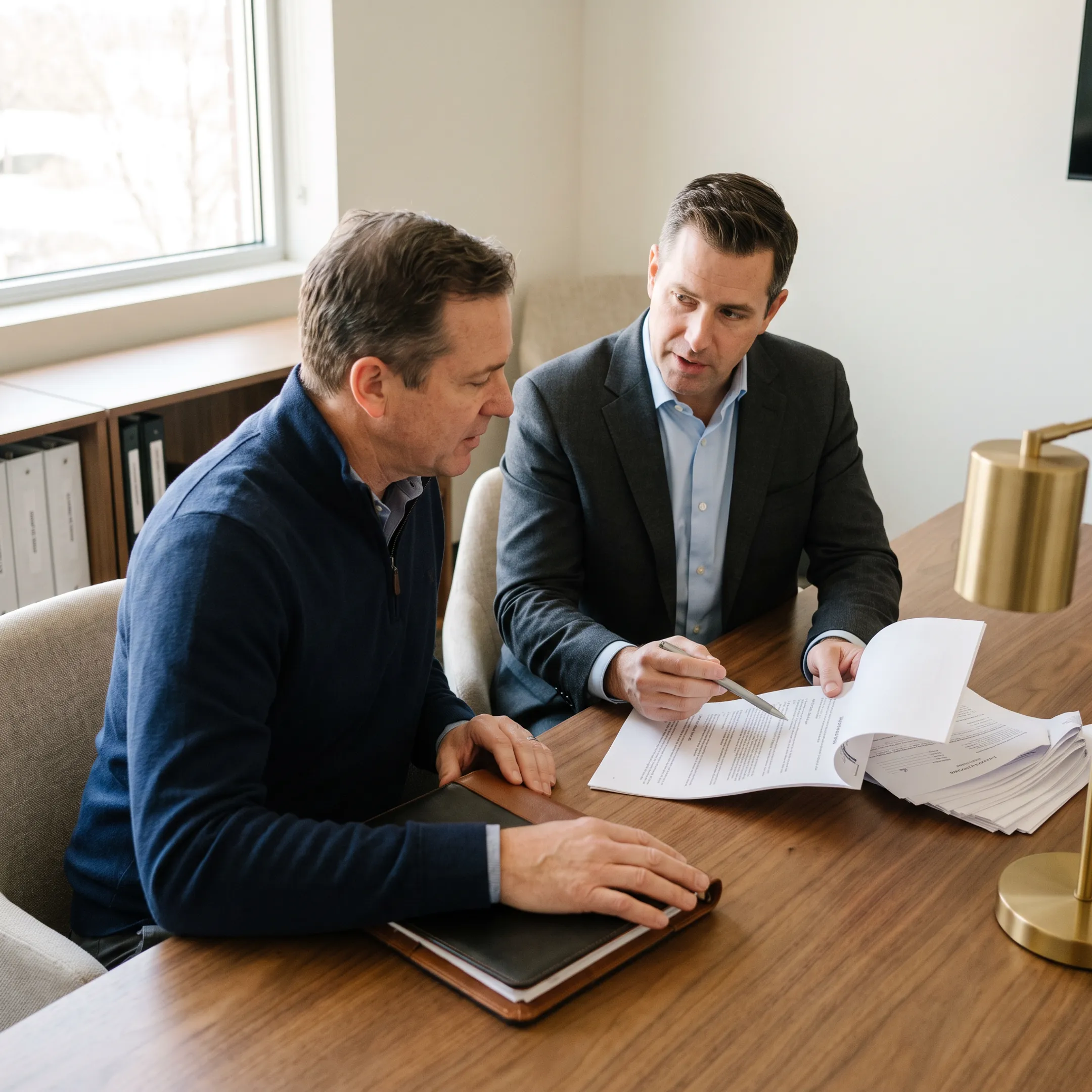 Advisor explaining professional liability insurance options to a business owner