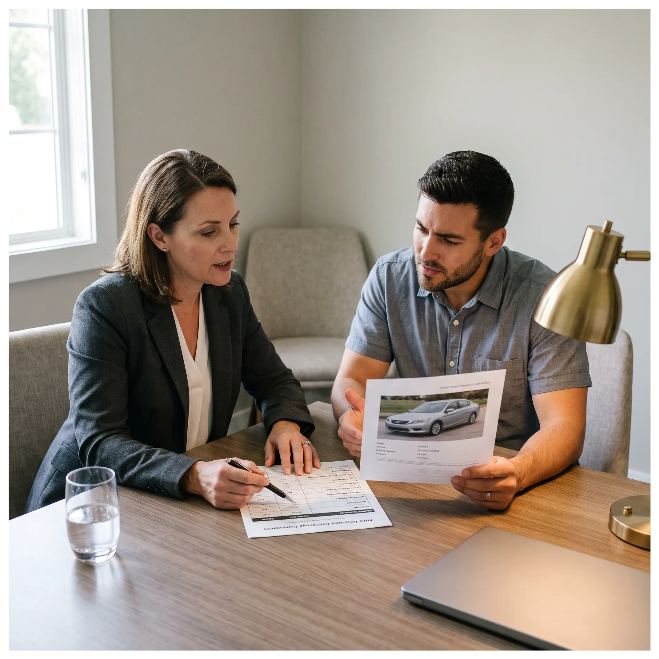 Advisor explaining full coverage auto insurance choices to a Texas customer