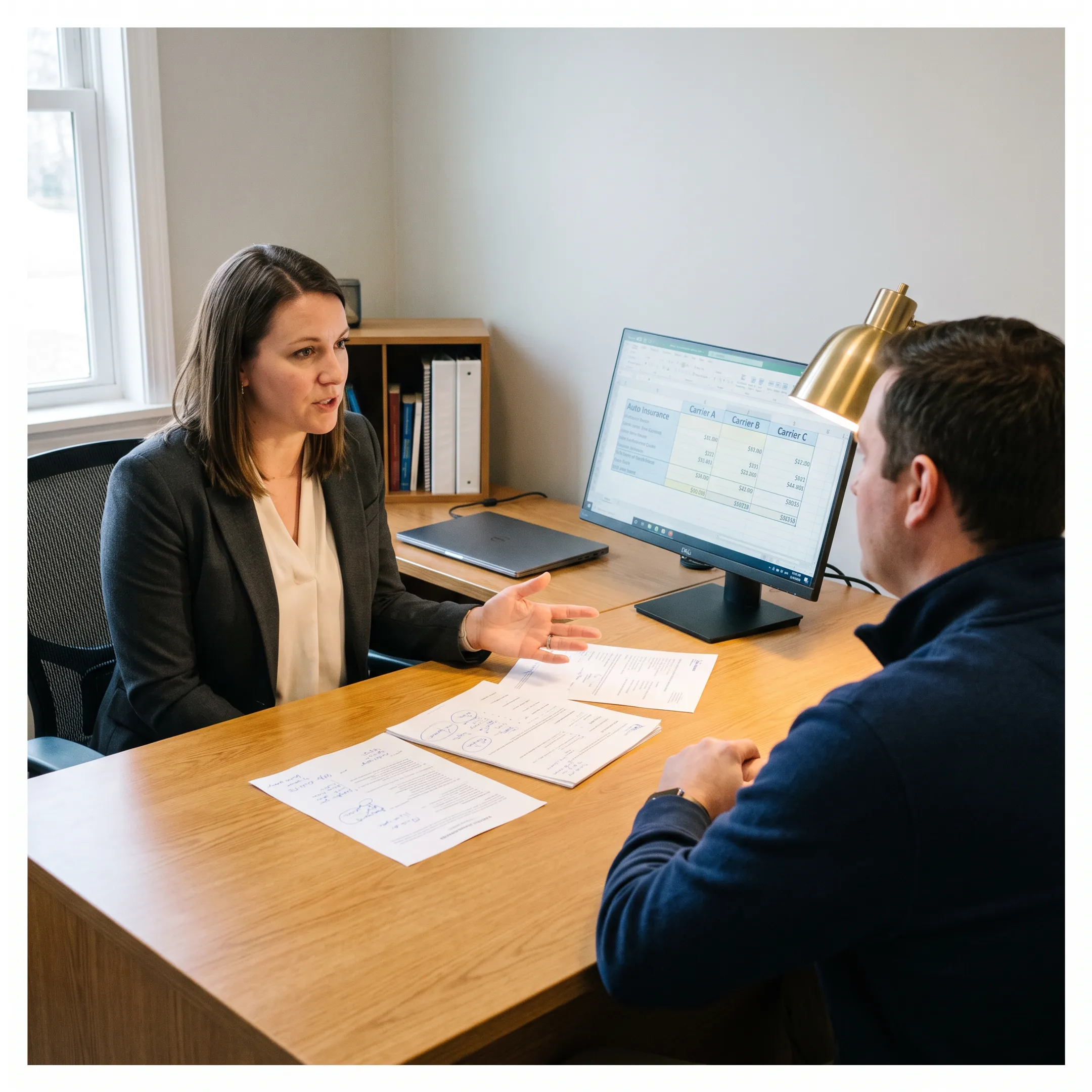 Advisor comparing auto insurance quotes with a customer
