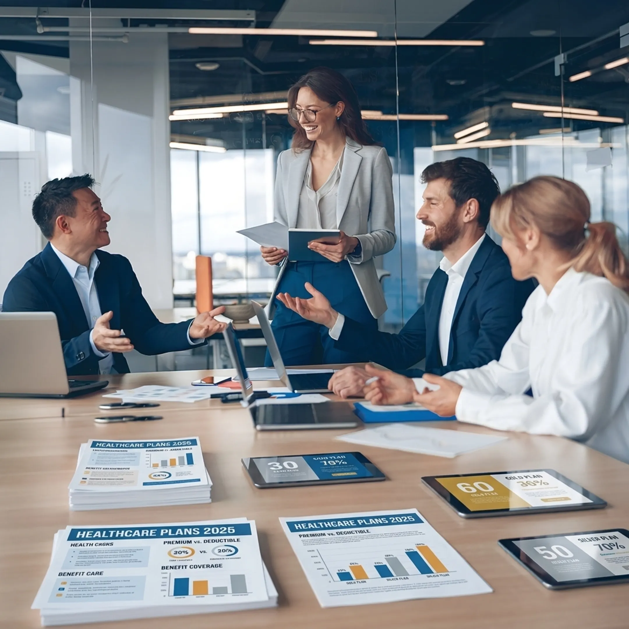 Team members in an office setting discussing small business group healthcare plans