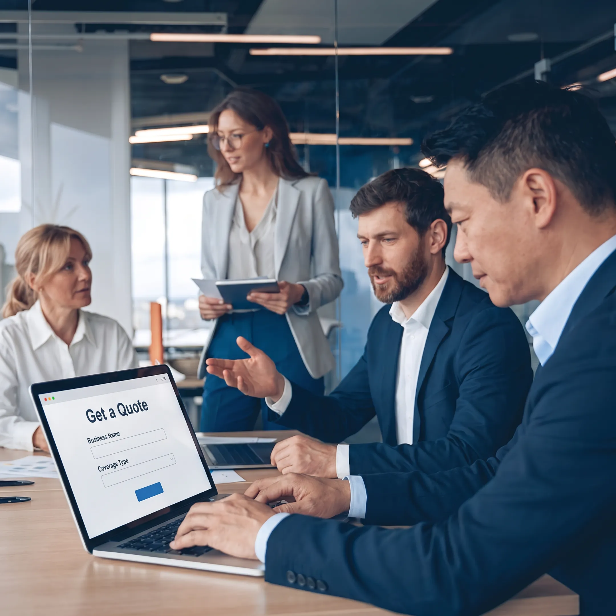 Business owner completing an online insurance quote form with guidance from an advisor