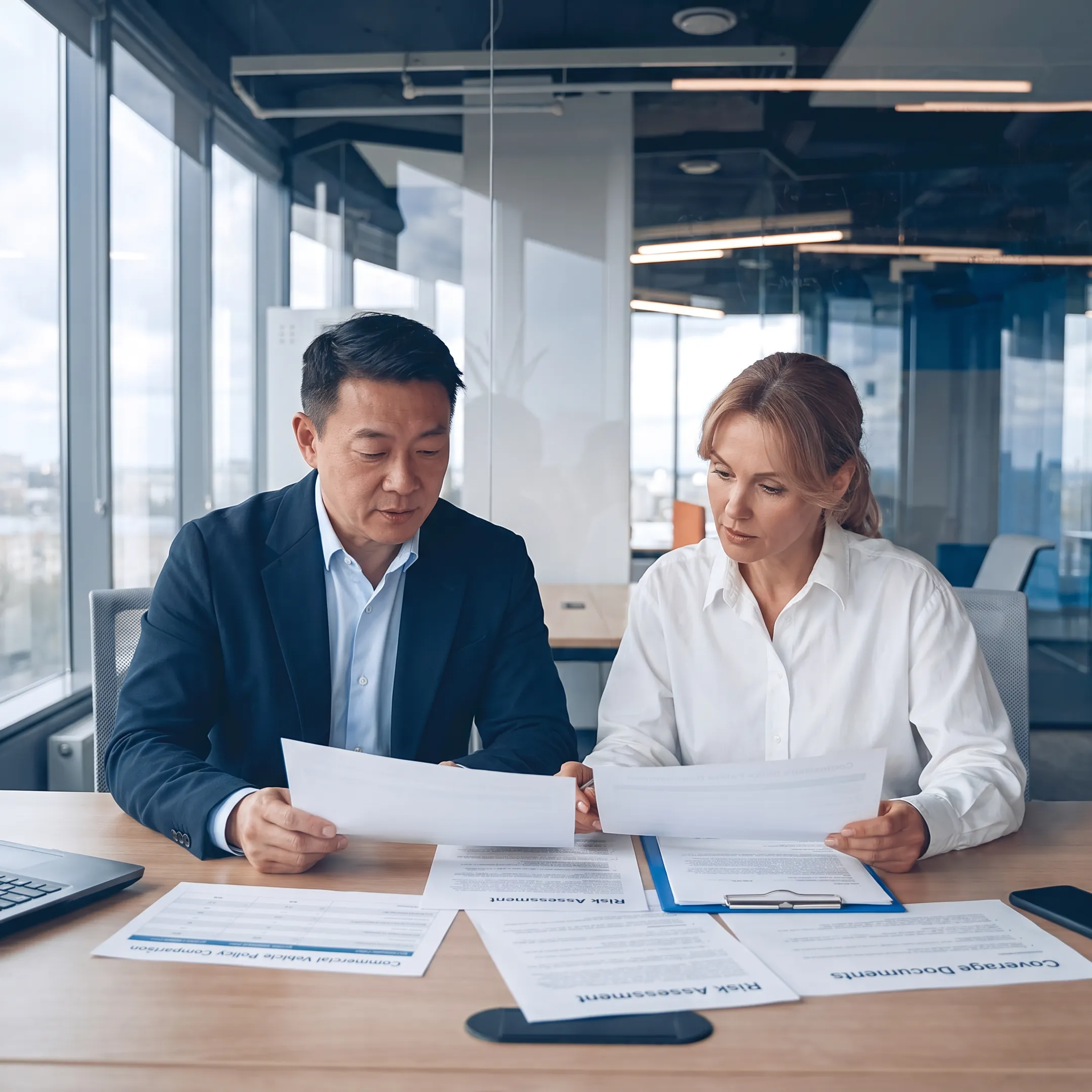 Insurance advisor discussing commercial vehicle coverage with a business owner