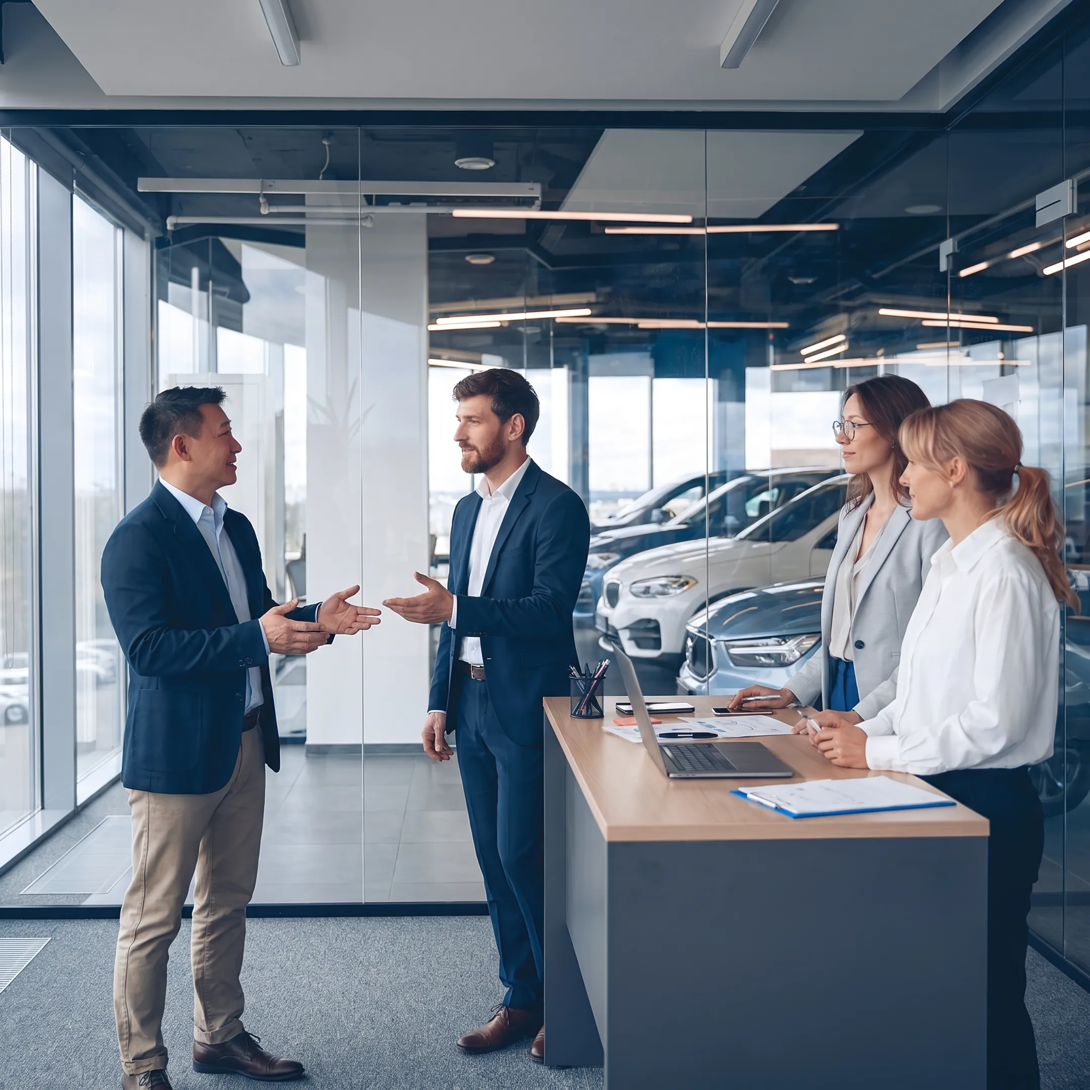 Car dealership owner discussing insurance coverage with an advisor