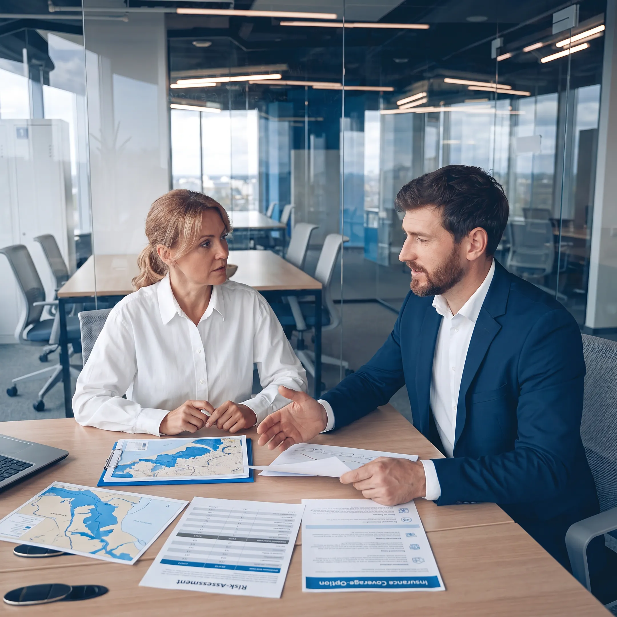 Insurance professional reviewing flood insurance options with a client