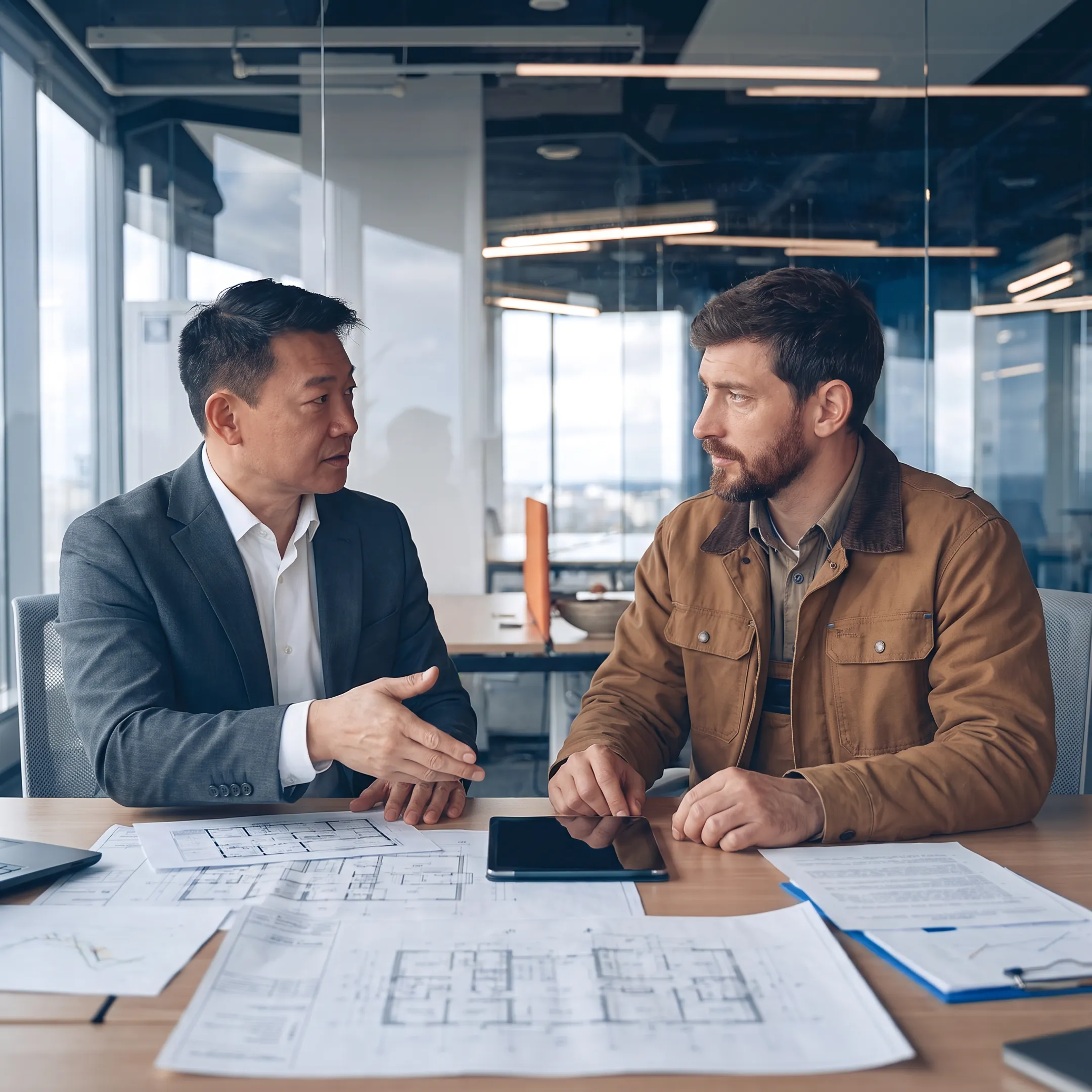 Advisor explaining contractor insurance coverage to a business owner