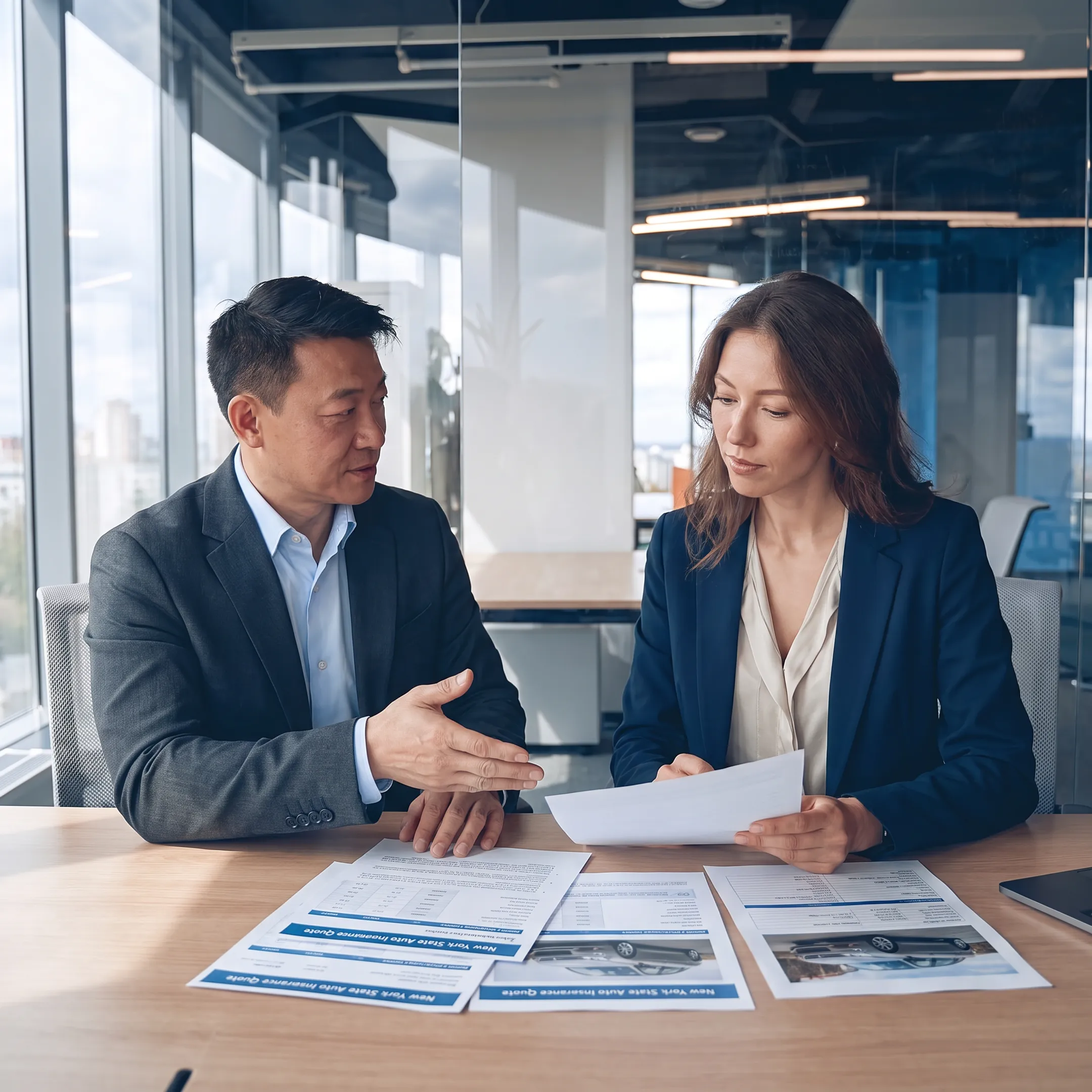 Advisor explaining auto insurance coverage options to a driver