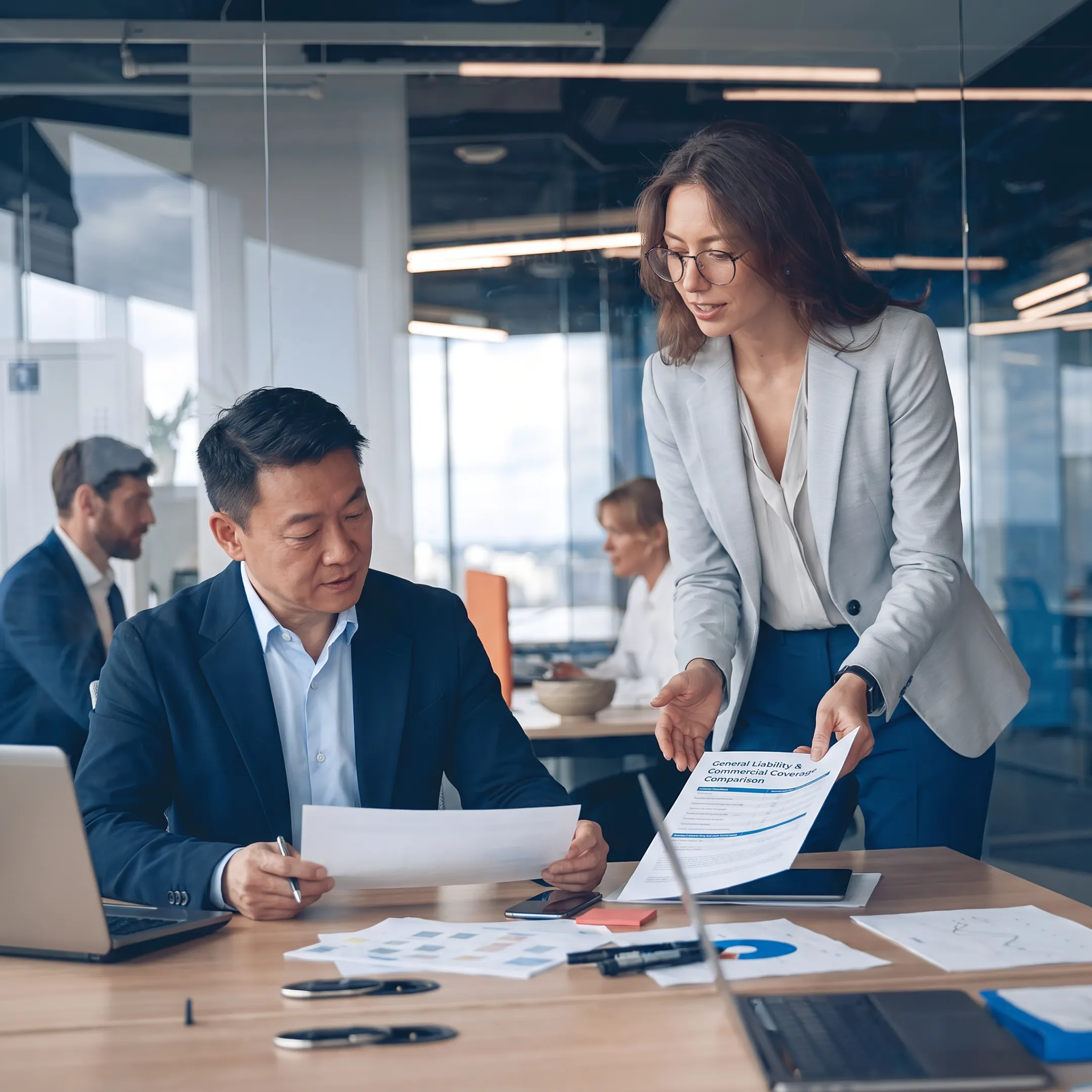 Insurance adviser explaining commercial liability coverage to an LLC owner