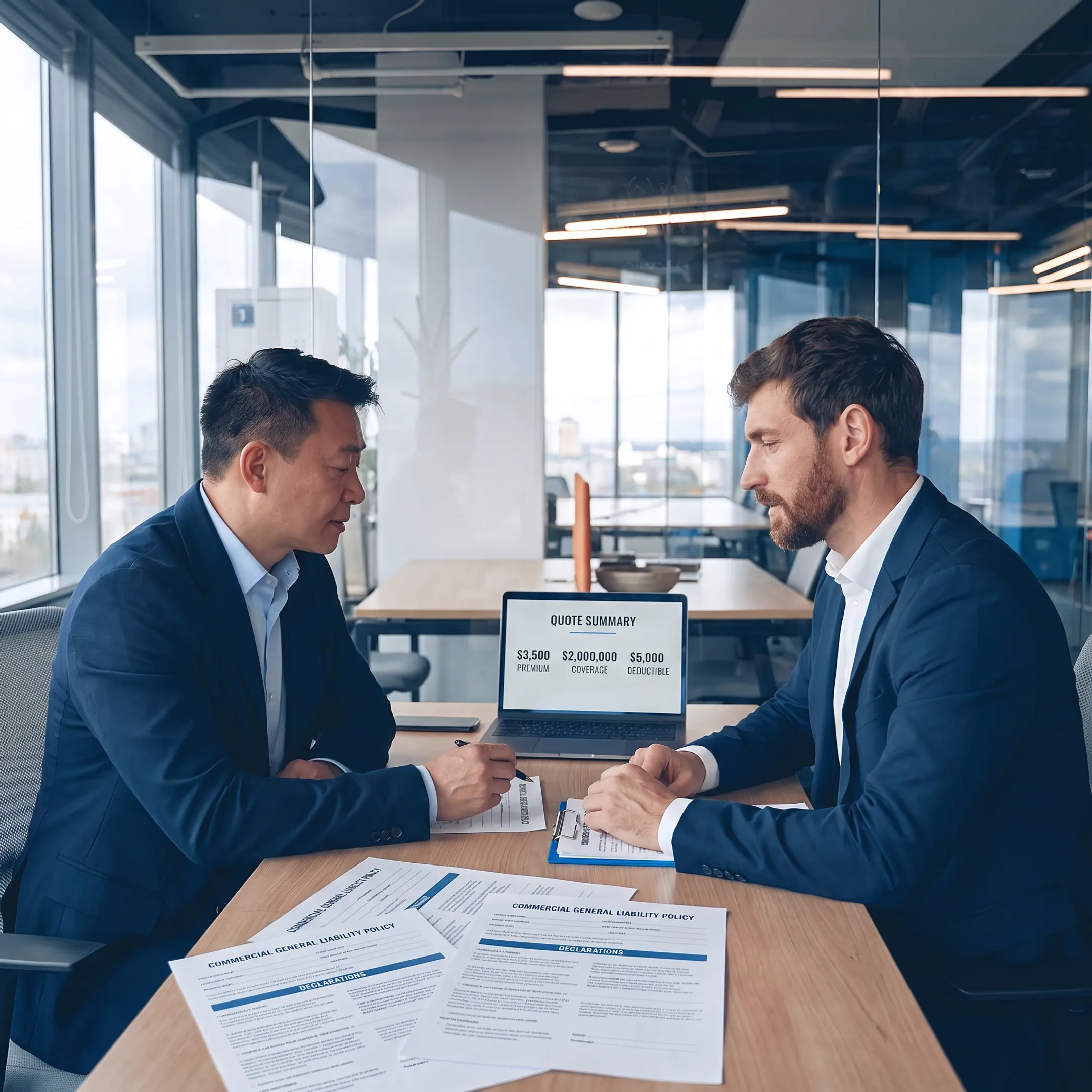 Business owner reviewing liability insurance quote options with an insurance advisor