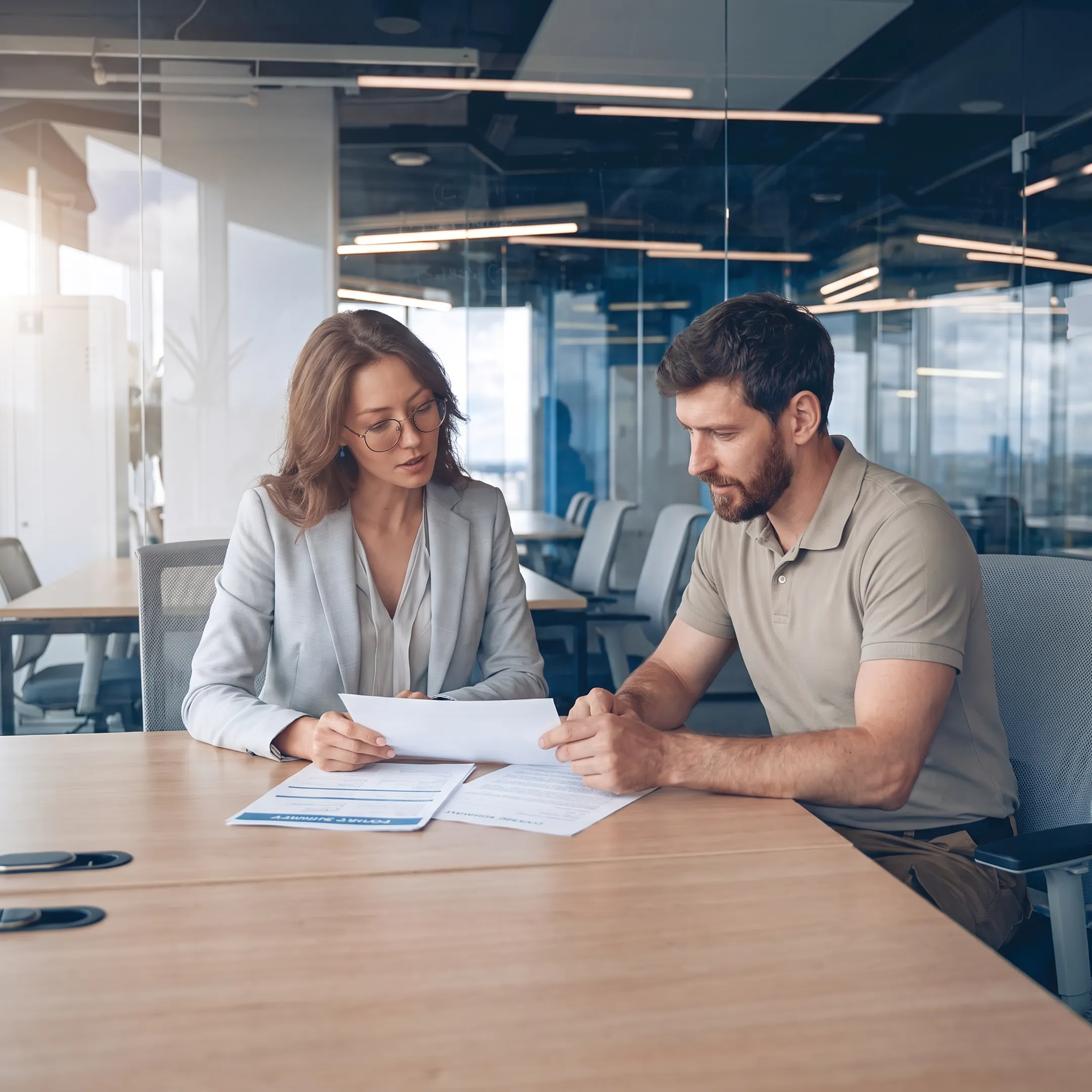 Advisor explaining contractor liability insurance options to a business owner