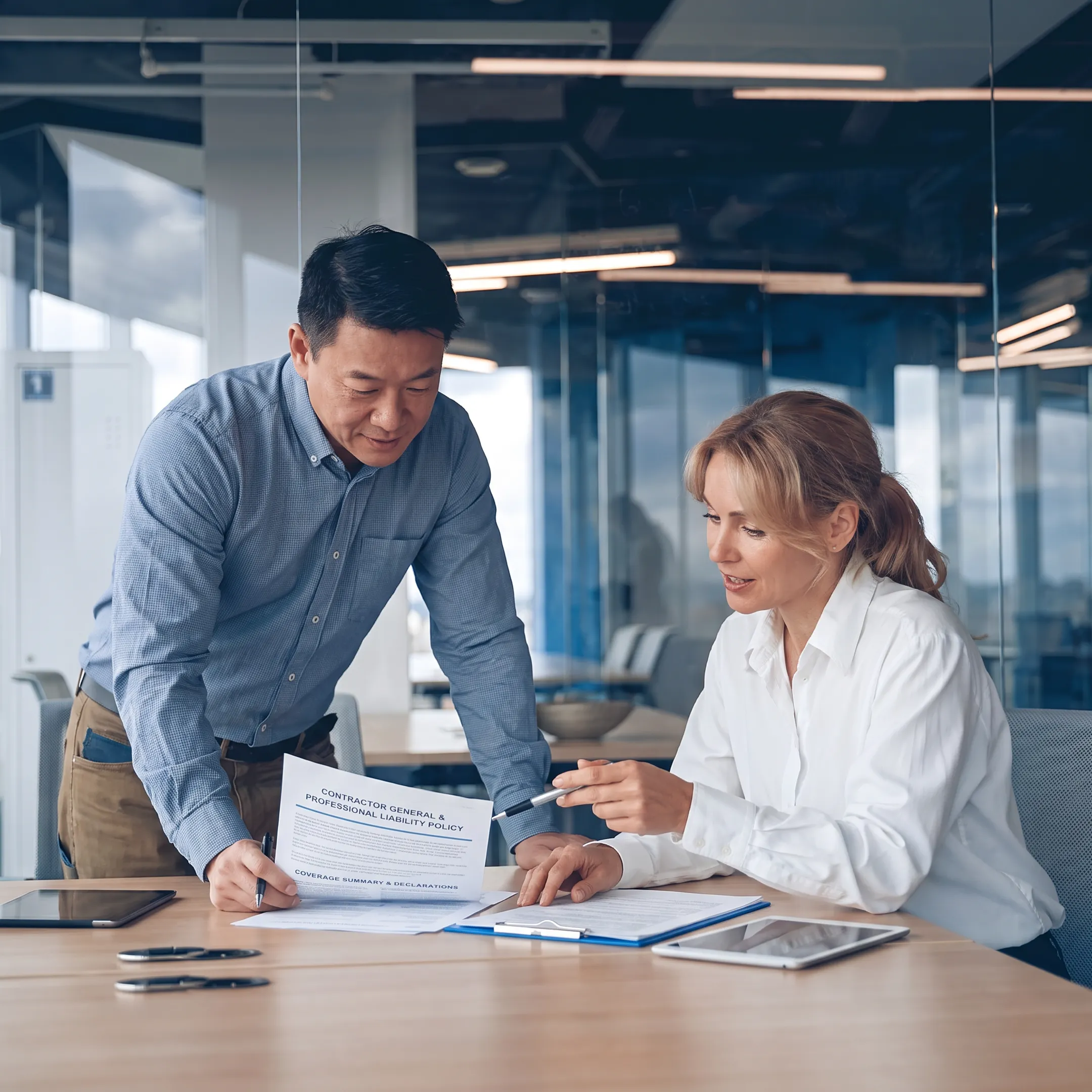 Insurance professional reviewing contractor liability coverage with a business owner
