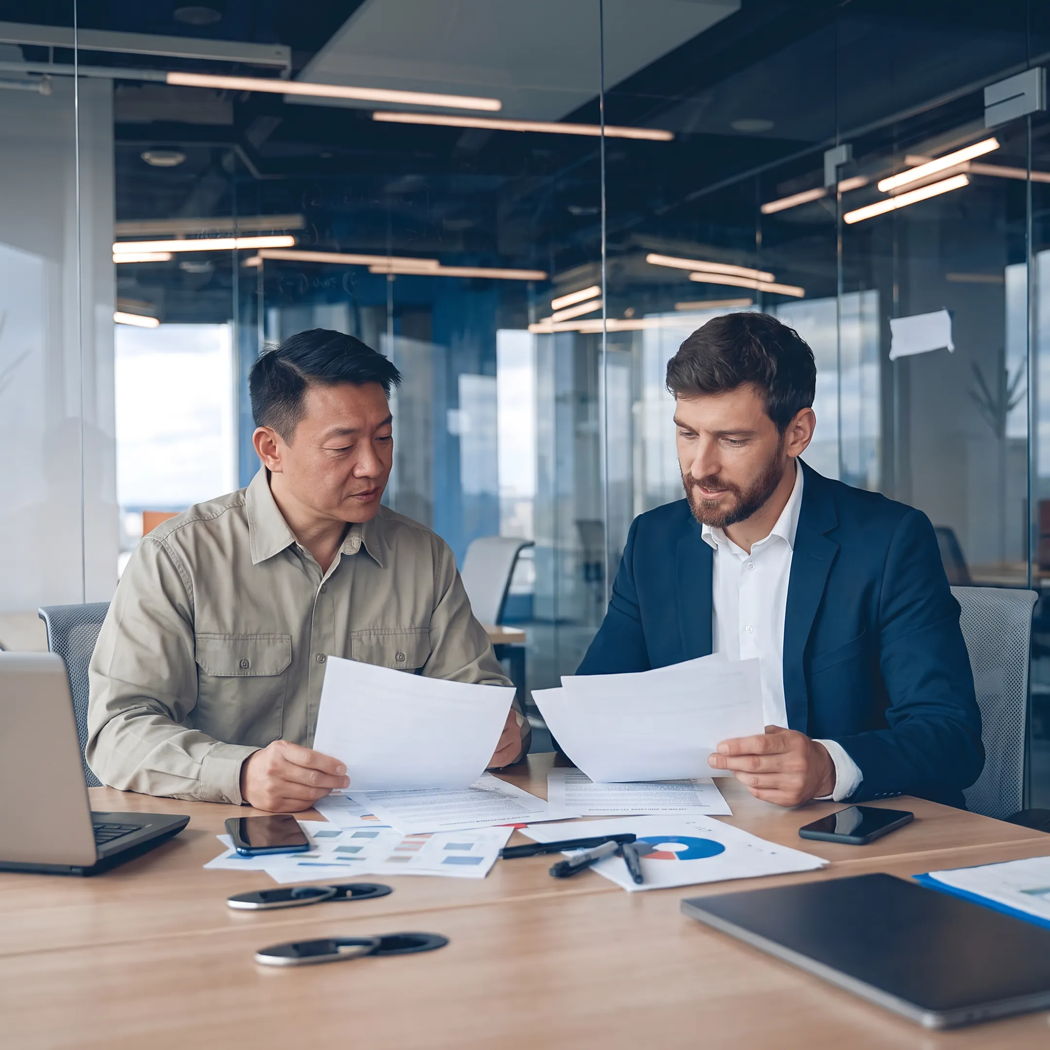 Handyman contractor reviewing insurance documents with an advisor