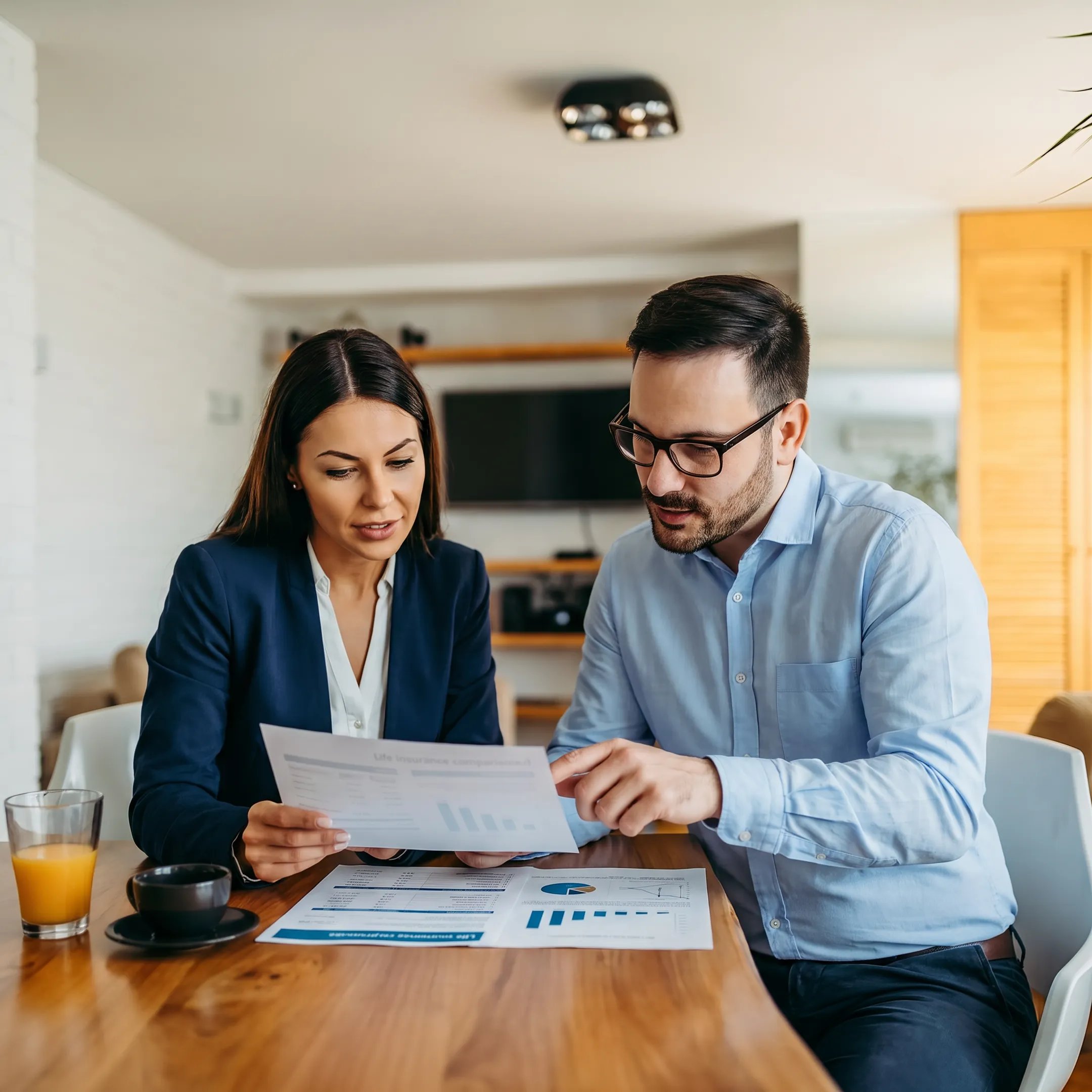 Insurance professional explaining life insurance choices to a veteran