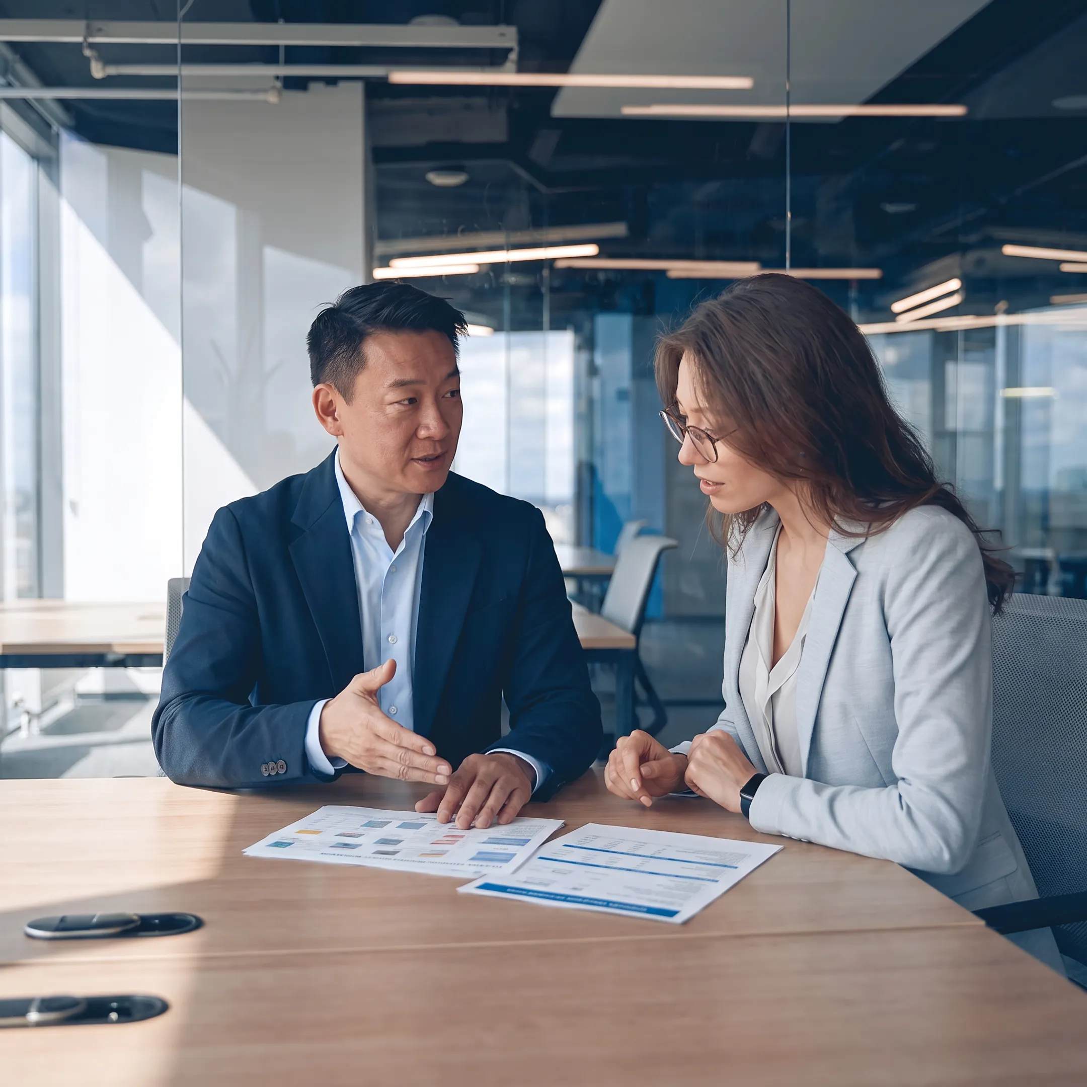 Broker explaining vehicle insurance coverage options to a customer