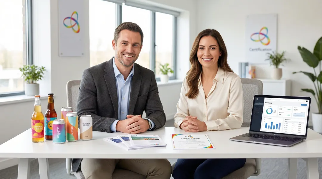 Beverage brand manager reviewing sustainable packaging samples and supplier documentation at desk