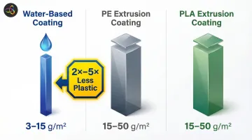 Water-based coating versus PE and PLA coating material weight comparison infographic