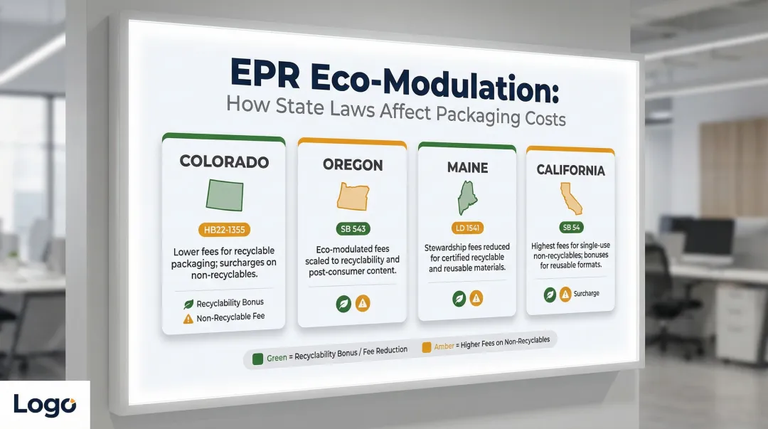 US state EPR packaging legislation comparison table with fee structure impacts