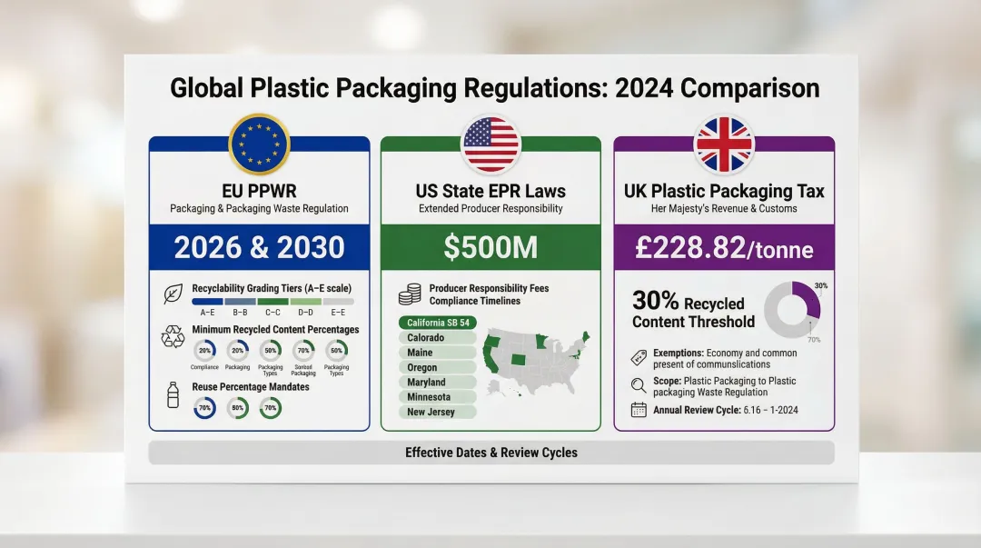 Three major sustainable packaging regulations EU PPWR US EPR UK plastic tax comparison