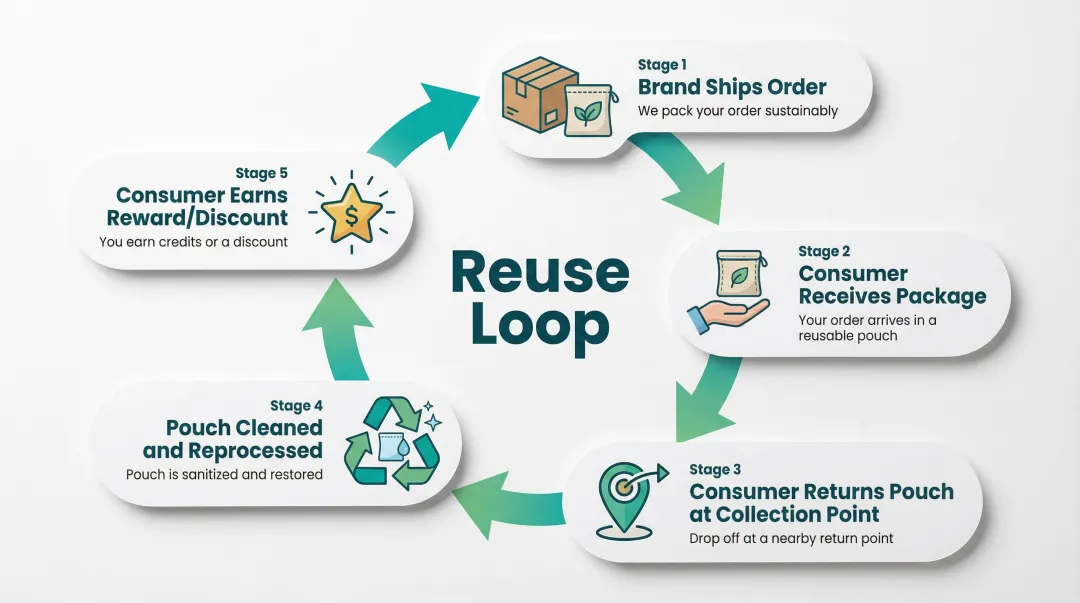 Circular reusable e-commerce packaging return loop lifecycle process flow diagram
