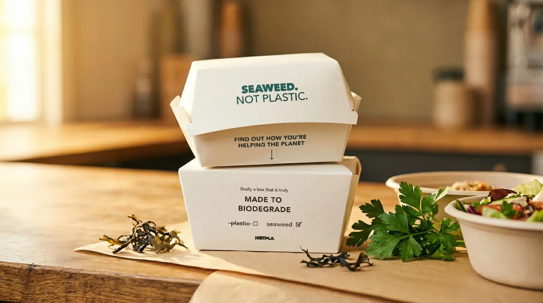 Seaweed-based biodegradable food packaging containers replacing single-use plastic takeaway boxes