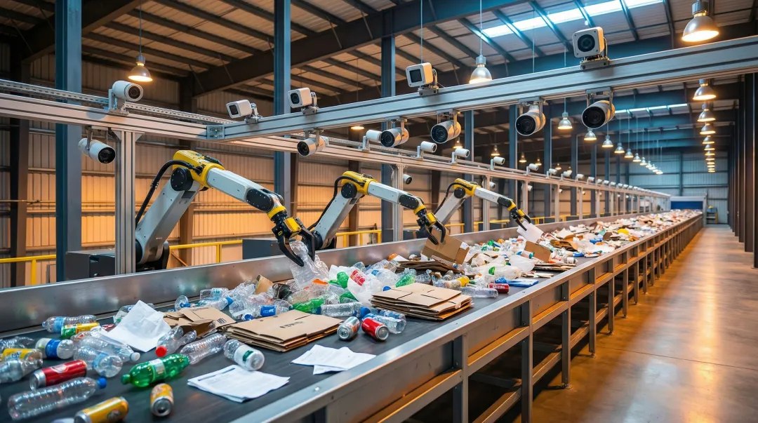 AI camera waste sorting system analyzing recyclable materials on conveyor belt in recycling facility