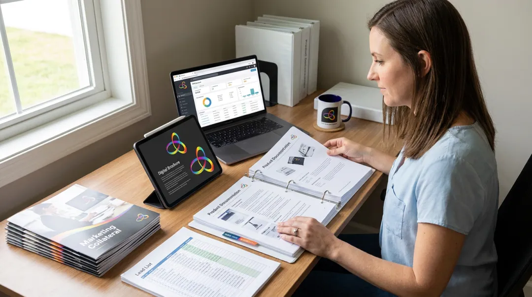 B2B sales rep reviewing product collateral and lead materials provided by company