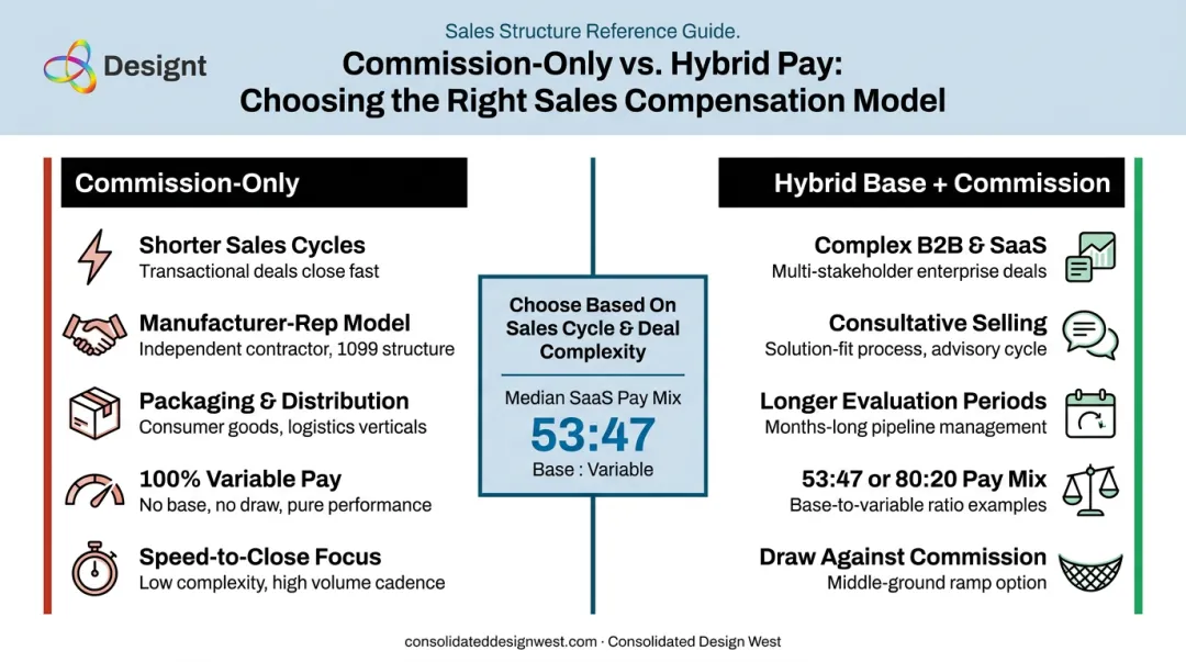 Commission-only versus hybrid pay structure comparison for B2B sales roles