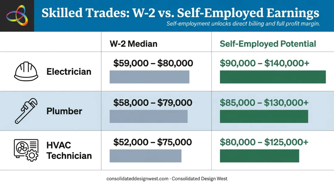 W-2 employee versus self-employed trades contractor earnings comparison chart by role