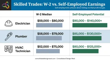 W-2 employee versus self-employed trades contractor earnings comparison chart by role