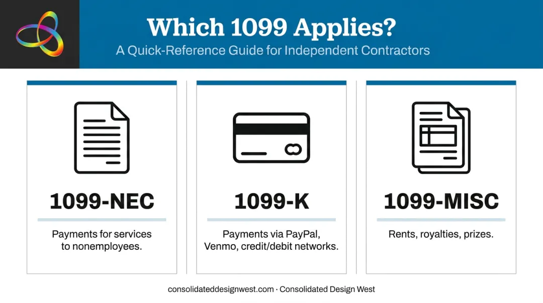 Three 1099 form types comparison chart NEC K and MISC use cases
