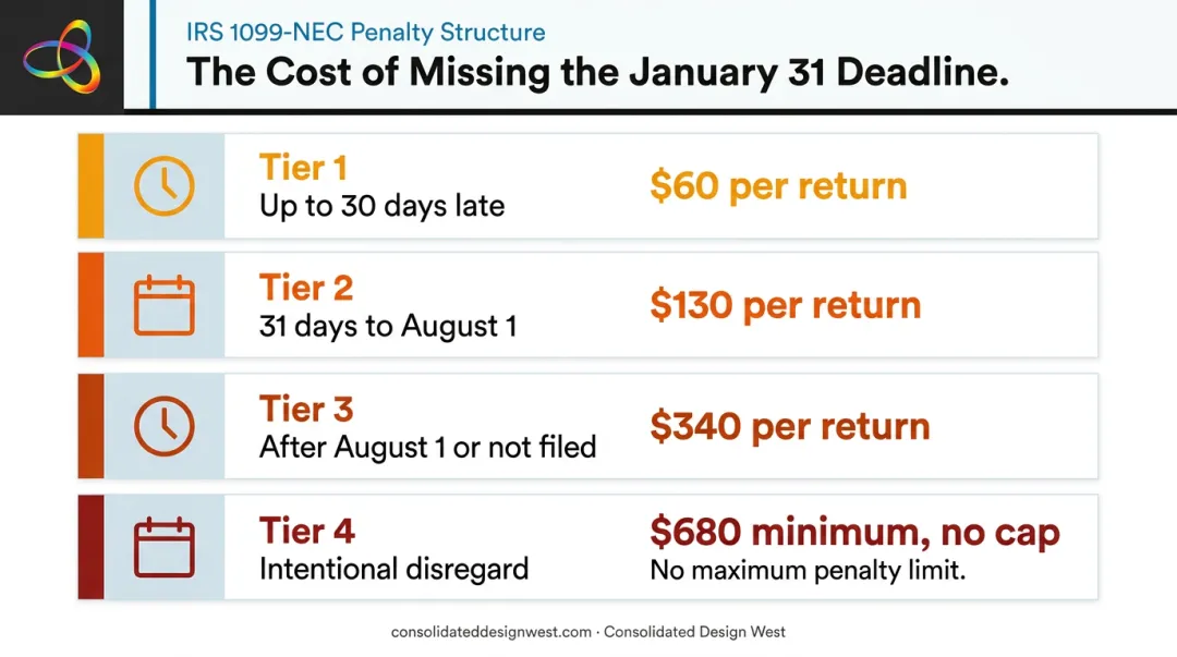 IRS 1099-NEC late filing penalty tiers by days late and dollar amount