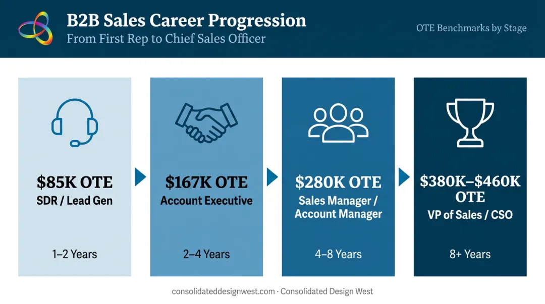 B2B sales career path progression from SDR entry-level to Chief Sales Officer executive