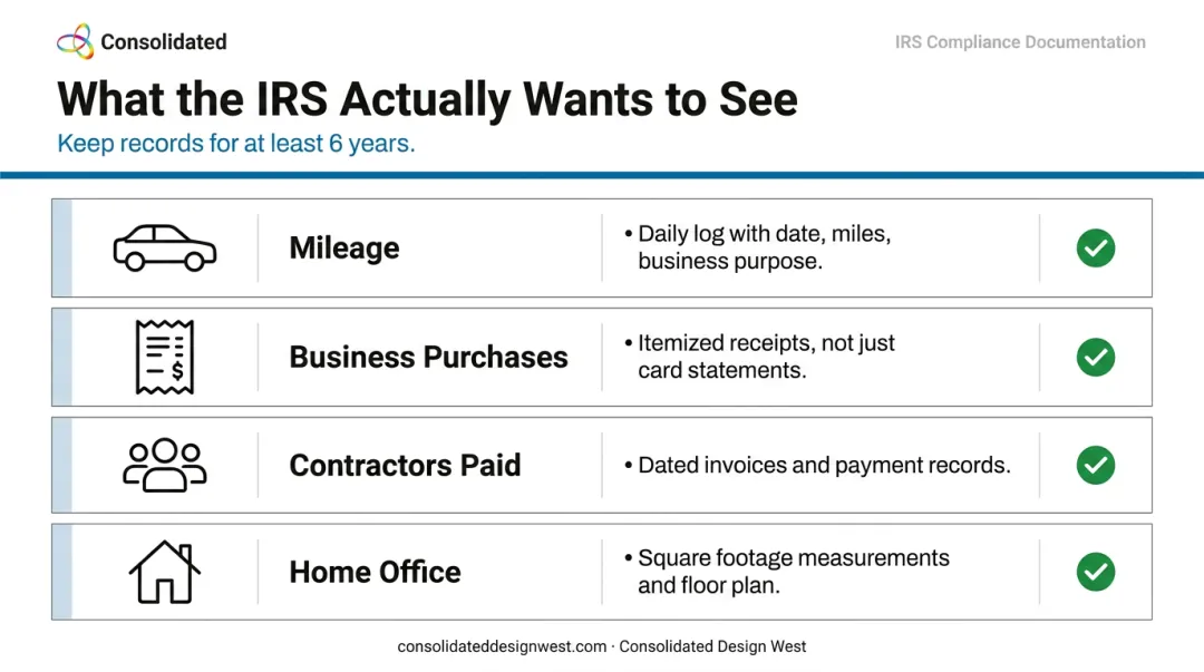 1099 contractor tax deduction recordkeeping requirements four category documentation checklist