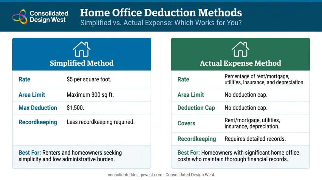 Home office deduction simplified versus actual expense method comparison infographic