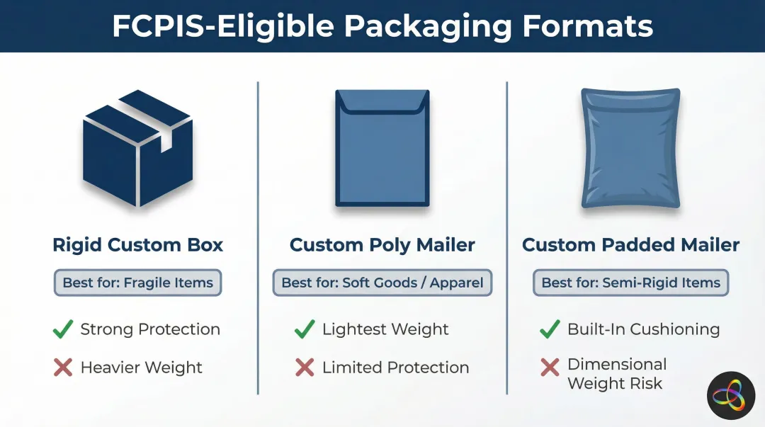 Three FCPIS custom packaging format options comparison rigid box poly mailer padded mailer